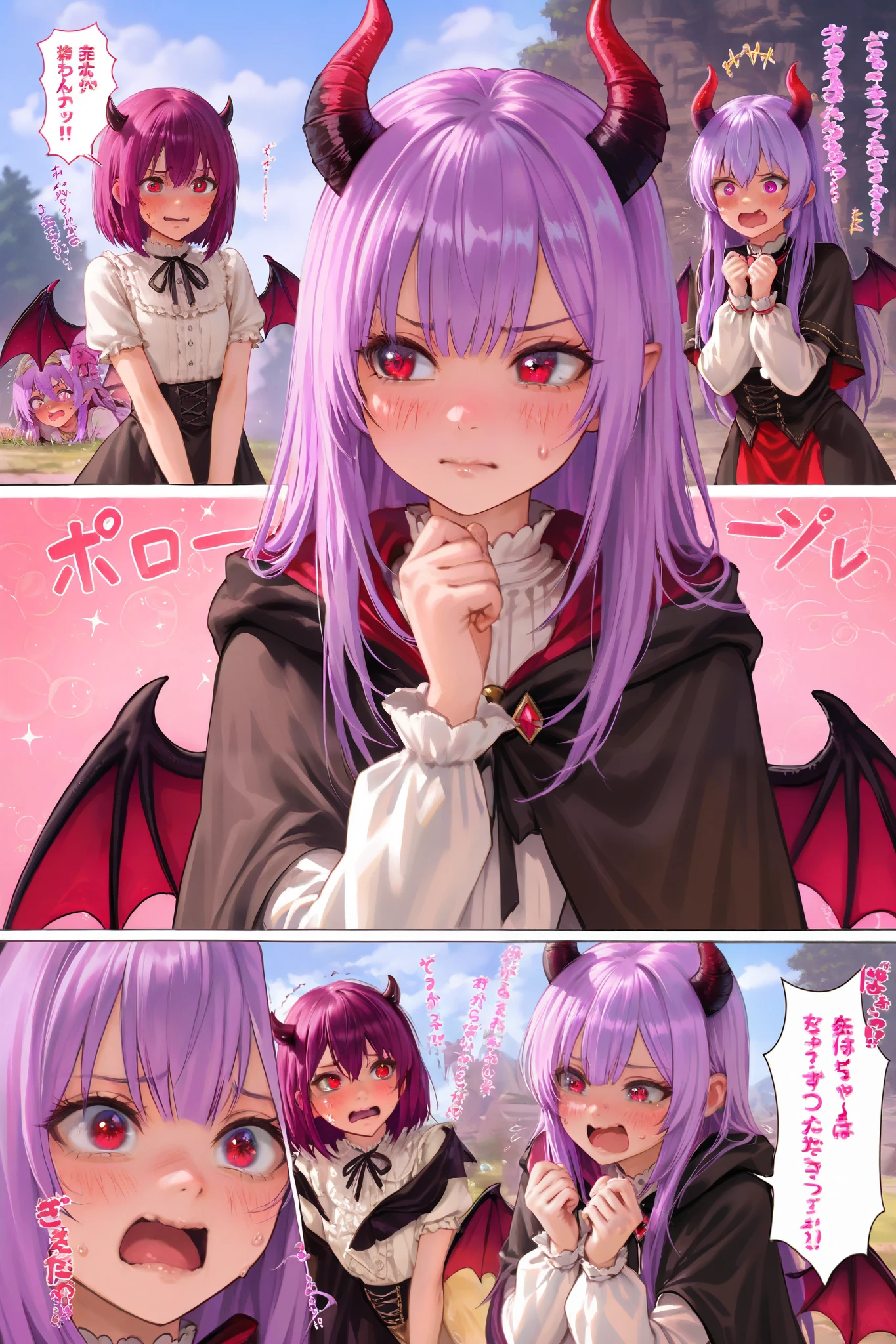 girl, fantasy, long purple hair, kawaii, tsundere, red eye, small and black demon horn, clumsy, emberrassed, cutie face, semi realistic, 8k, black cape, small demon wing, white blouse, nervous emotion,