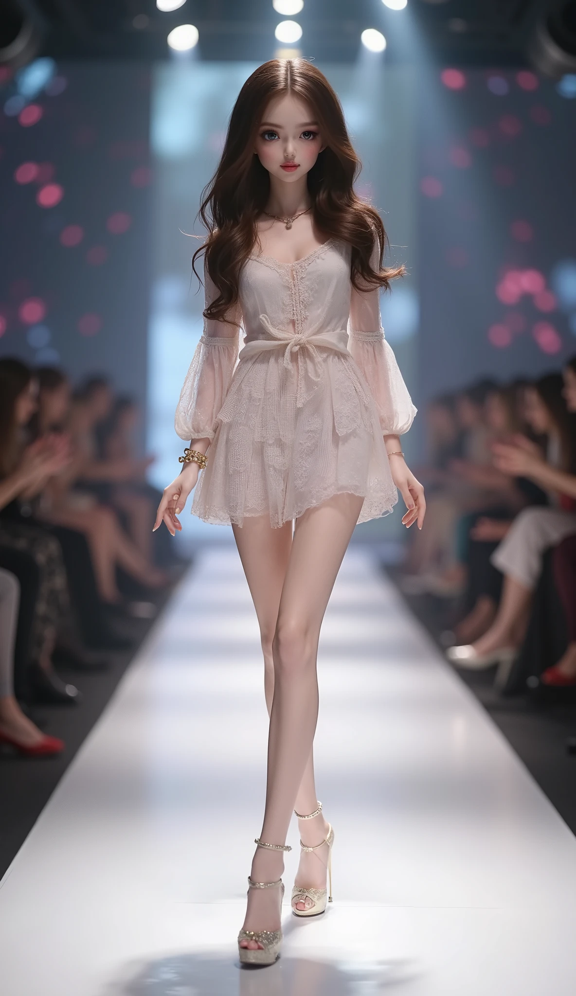 A hyper realistic picture of a extremely beautiful and smart and young girl , brown hair,white skin, detailed skin beautiful eyes and lips , perfect doll like chubby very cute round shaped face doll with dark brown eyes, cool toned skin, medium length Hair,A full body image of girl model in fashion runway,The tulisnos watahor in awe captivitad by her provence and the artistry of the Phim The backdrop glows with stret pture amplifying the rural ted gimus atmosphere of the shirw!!! beautiful Movie young womit of zetes old as tretive pose of a modal The files is turned into the camer long legs wide open ayos ay set, mitical #tmosphurs ulet dottiled depth of field SFW baklight, starpion 18K bokah cinematic light, high detall pound photography the more detail high sturion long hair modal appetessen the millest details, Proad look proud pon the whole body full body portrait,The background should be a runway show with the audience blurred out and clapping bright fashion showroom, seated audience,(diagonal shot --v 6.1)