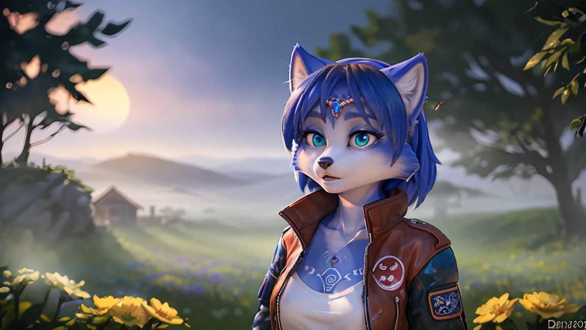 ((krystal)), Star Fox-Krystal, lovable, green eyes, (((   Long blue hair 1   .3))), Decollete, anthro, blurred,  detailed Fluffys fell,   detailed face , (Fluffy), 1  girl, woman, (Tattoos), (Jacket: 1.2), (Jacket no corpo nu, Correia, short shirt)). ((Zombies, skull, Flowers, Fruit)),( Damasco Flowerscendo,  Folhas immature jovens , fog,  background of circles )).((Ideal, pretty), (image background,  wide brush strokes ,  girl&#39; s attention to detail &#39; Figures, Flowers )). ((Night atmosphere ),( perfect and soft warm light ,  cinematic natural volumetric ,  cold chiaroscuro )). (( stylized concept image ,  attention to the elements of the character and character), ( octane rendering trend on ArtStation ), ( 8k digital art painting ,  award-winning illustration )),  award-winning illustration ), ( Artwork))