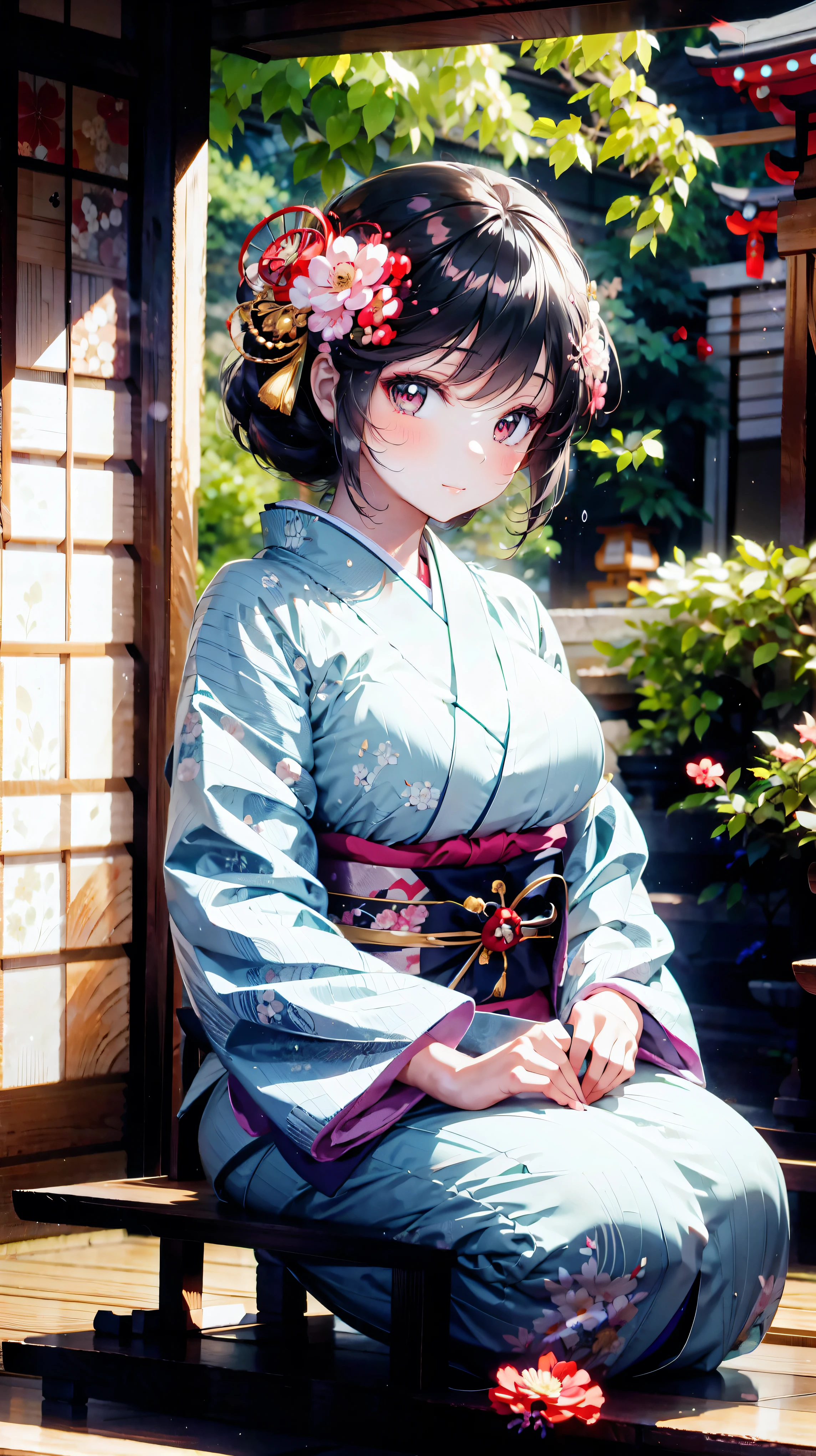  Japanese, Anime young woman,  sitting, (((seiza))), (((Happy smile))), kawaii Laughing Yan,  GORGEOUS AND BEAUTIFUL,  beautiful kimono, BEAUTIFUL SUNWEAR ,  huge breasts,  Japanese New Year ,  traditional Japanese architecture, tatami,  Japanese Garden, Glamorous background,  DETAILED AND BEAUTIFUL , front,