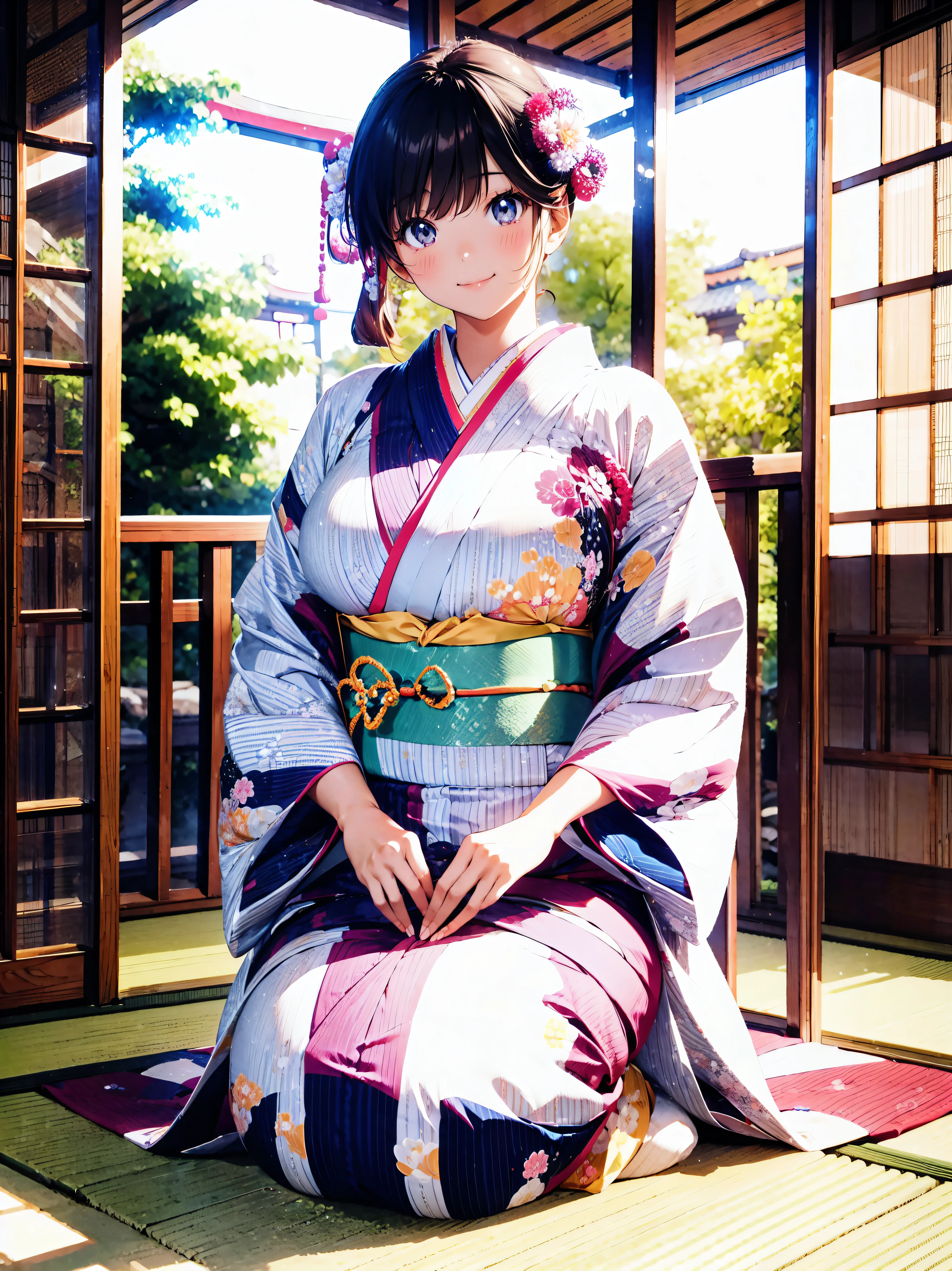  Japanese, Anime young woman,  sitting, (((seiza))), (((Happy smile))), kawaii Laughing Yan,  GORGEOUS AND BEAUTIFUL,  beautiful kimono, BEAUTIFUL SUNWEAR ,  huge breasts, front, 