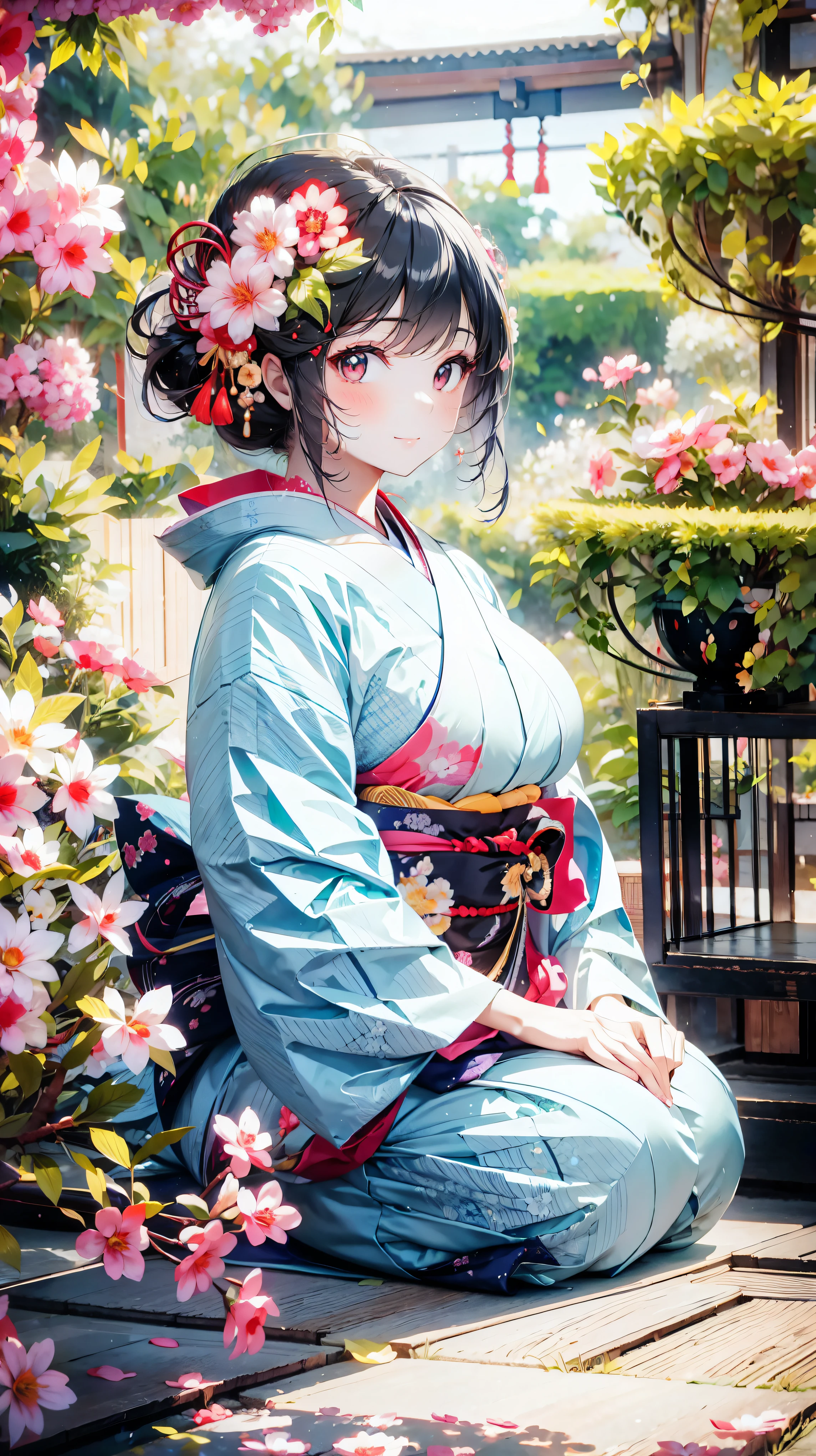  Japanese, Anime young woman,  sitting, (((seiza))), (((Happy smile))), kawaii Laughing Yan,  GORGEOUS AND BEAUTIFUL,  beautiful kimono, BEAUTIFUL SUNWEAR ,  huge breasts, front,