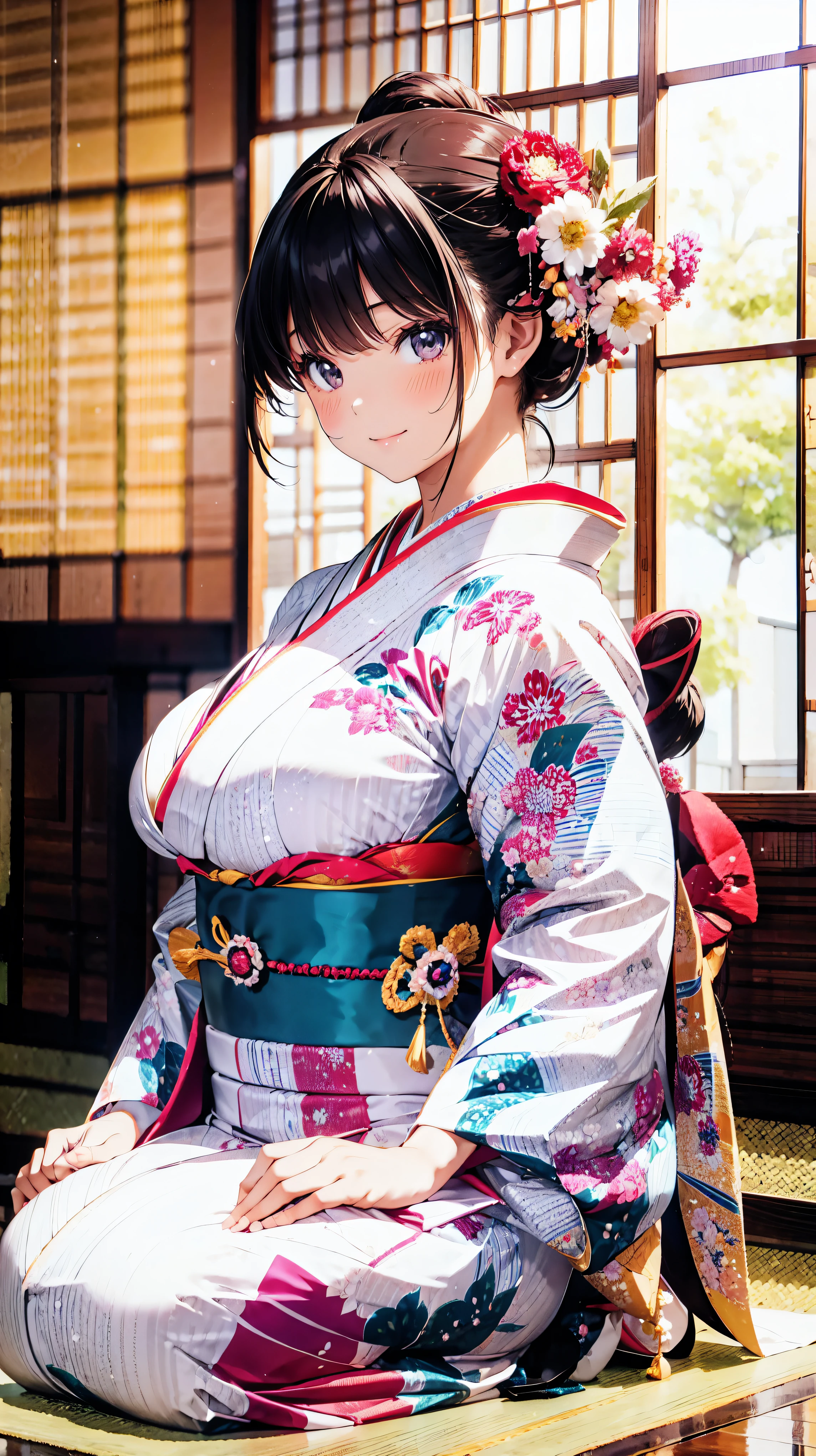  Japanese, Anime young woman,  sitting, (((seiza))), (((Happy smile))), kawaii Laughing Yan,  GORGEOUS AND BEAUTIFUL,  beautiful kimono, BEAUTIFUL SUNWEAR ,  huge breasts, front,