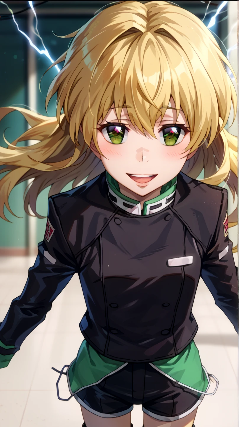  1 girl fights,  clear focus ,  soft lighting , ( Very detailed face  ), ( very detailed eyes  ),  1 adult girl , кареглазая  blonde  ,  Depth of field  , ((  looks at the viewer )),  open mouth , smile,  smiles,  half-turned  (( long yellow hair develops in the wind,  long blond hair to the waist )), shorts,  blonde  ,  leather jacket,  long sleeves,  brown eye  , khaki top  (( military protective top )) , shorts,  black leather thigh length boots  , in the anime style katekyo hitman reborn  ,  against green electric lightning ,  electrical discharges around the body , blush, blushed,  Smile ,  open mouth , open lips, language