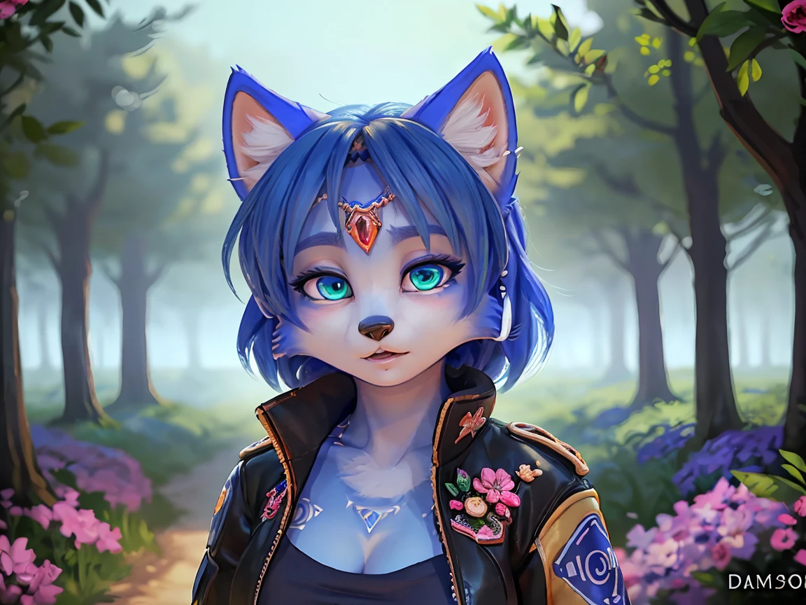 ((krystal)), Star Fox-Krystal, lovable, green eyes, (((   Long blue hair 1   .3))), Decollete, anthro, blurred,  detailed Fluffys fell,   detailed face , (Fluffy), 1  girl, woman, (Tattoos), (Jacket: 1.2), (Jacket no corpo nu, Correia, short shirt)). ((Zombies, skull, Flowers, Fruit)),( Damasco Flowerscendo,  Folhas immature jovens , fog,  background of circles )).((Ideal, pretty), (image background,  wide brush strokes ,  girl&#39; s attention to detail &#39; Figures, Flowers )). ((Night atmosphere ),( perfect and soft warm light ,  cinematic natural volumetric ,  cold chiaroscuro )). (( stylized concept image ,  attention to the elements of the character and character), ( octane rendering trend on ArtStation ), ( 8k digital art painting ,  award-winning illustration )),  award-winning illustration ), ( Artwork))