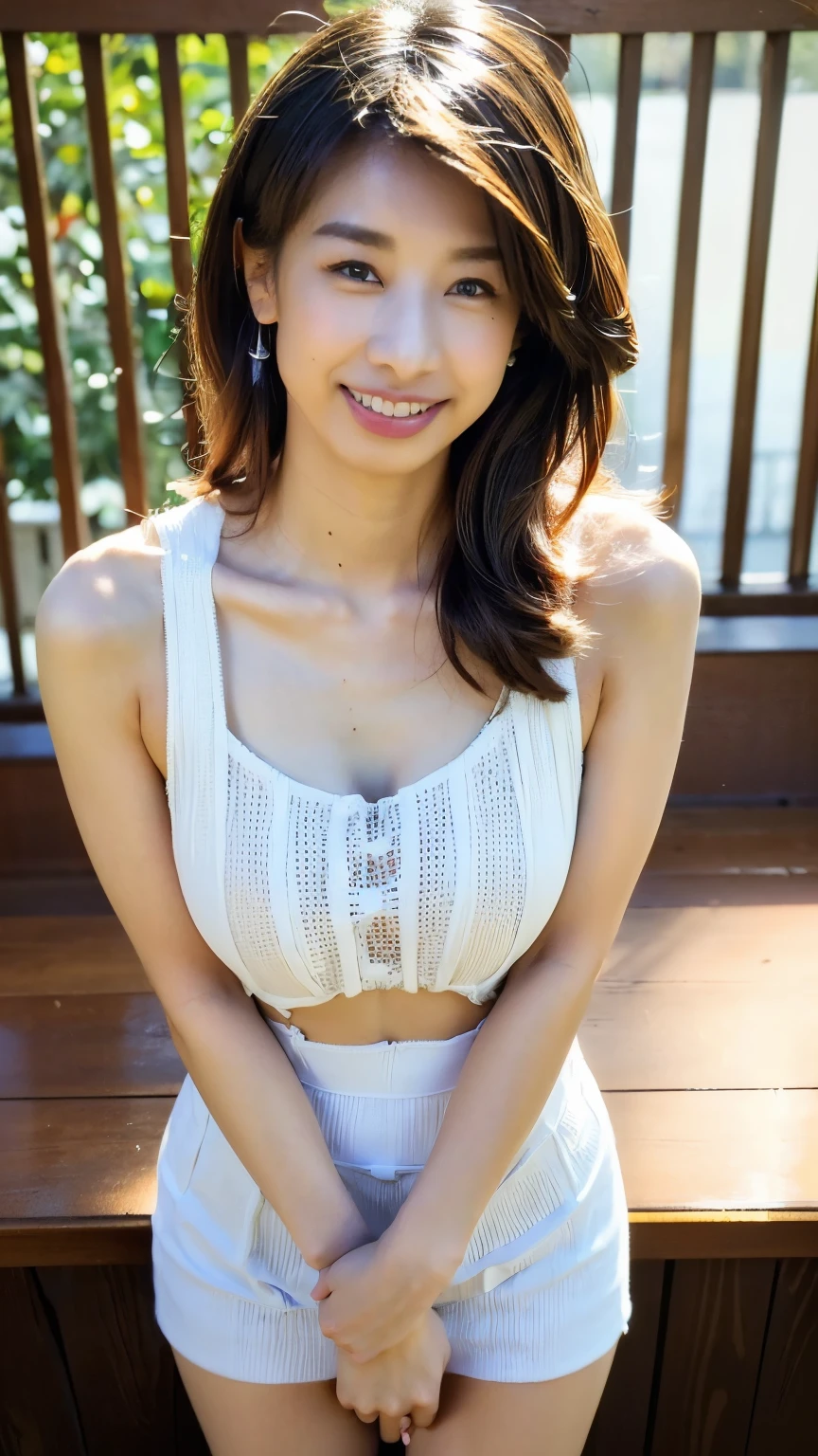 Araffe asian woman in white top and shorts posing for a picture - SeaArt AI