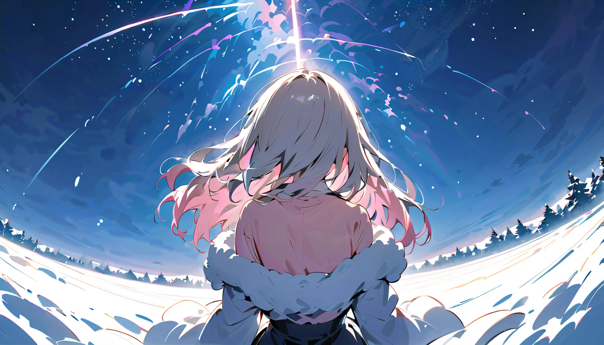 night、暗いnight、night中、ベンチから見る starry sky 、 Darkness、ベンチに座って looks up at the 空、 back view、満点の starry sky 、 backlit、Snow trails 、 Profile gazing into the distance 、  満点の starry sky 、 fisheye lens、 snowy winter cityscape 、 . starry sky    を    looks up at the   . backlit、 Rear View 、   rear view、Backwards、       snowy white road      、      white snow road       、   gloves、    muffler    、    White Breath、    starry sky    、、   Lift Your Face  、  knight の冬街、 Illuminations、   amazing light、  knight 、     thick boa coat       、    long coat and       、    muffler    、、   wear a thick coat    、    Sing in the Winter Sky   、snowy town、asymmetry bangs, swept bangs.,extends hands、 、{{{masterpiece}}}, {{{ top quality}}}, {{     super detailed    }}, {beautiful detailed eye}, 1     girl    ,Alone, ((    gray hair)),(bangs), Angle from above、     looks up at the    ,     girl     ,Midea,eye、     dynamic angle     、Long     gray hair、     pink hair 、Alone、     medium hair 、白い    medium hair 、     long hair、     bob hair、    }     white collar long sleeve pink shirt    {x} 肩くらいまで伸びる    gray hair 、    pink hair with pink tips  、     medium hair ー、       hair inner color is pink     、       hair down shoulders       、 pretty     girl    、Detailed eye、Anime、     Shirogane Noel、   black skirt、       hair down shoulders       、Alone、 1     girl    、E art style 、 The light shines 、Beautiful Shadows、Alone、