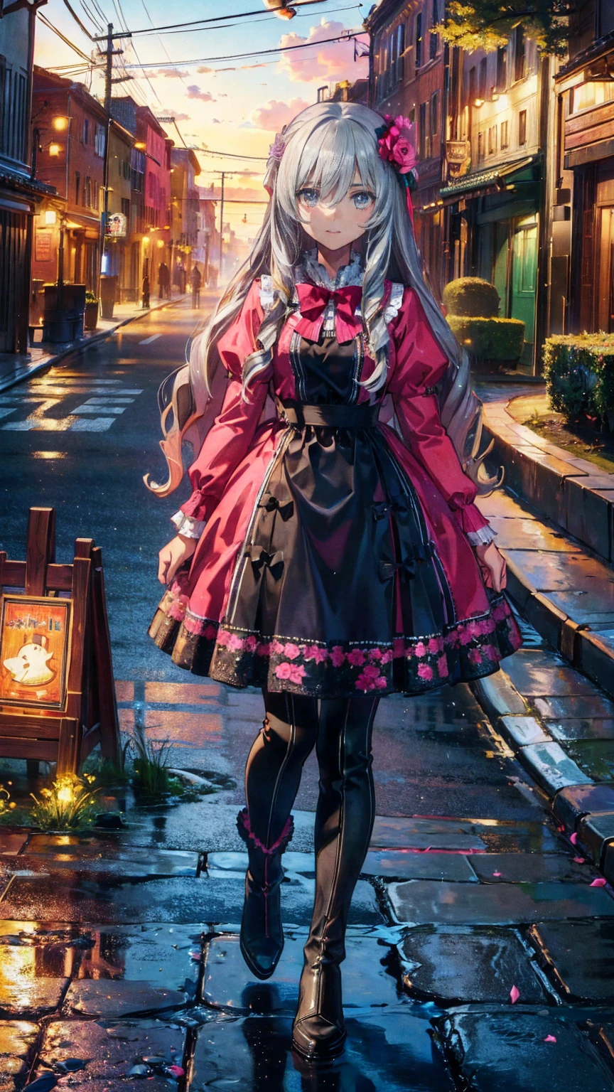 ( masterpiece : 1.2), (    very detailed: 1.2), (    very detailed CG: 1.2), (    high image quality: 1.2), (最    high image quality), 8k,    animated illustration   , 、     beautiful girl 、とても  cute天使、    pink gothic dress 、  cute、*********、smile、    long skirt、   Black Long Boots   、 grey pink pants  ，Turquoise Eye，  cute女性 *****，street，   Candy Store   ， sign，European Buildings，Slate pavement，Rose flower，
