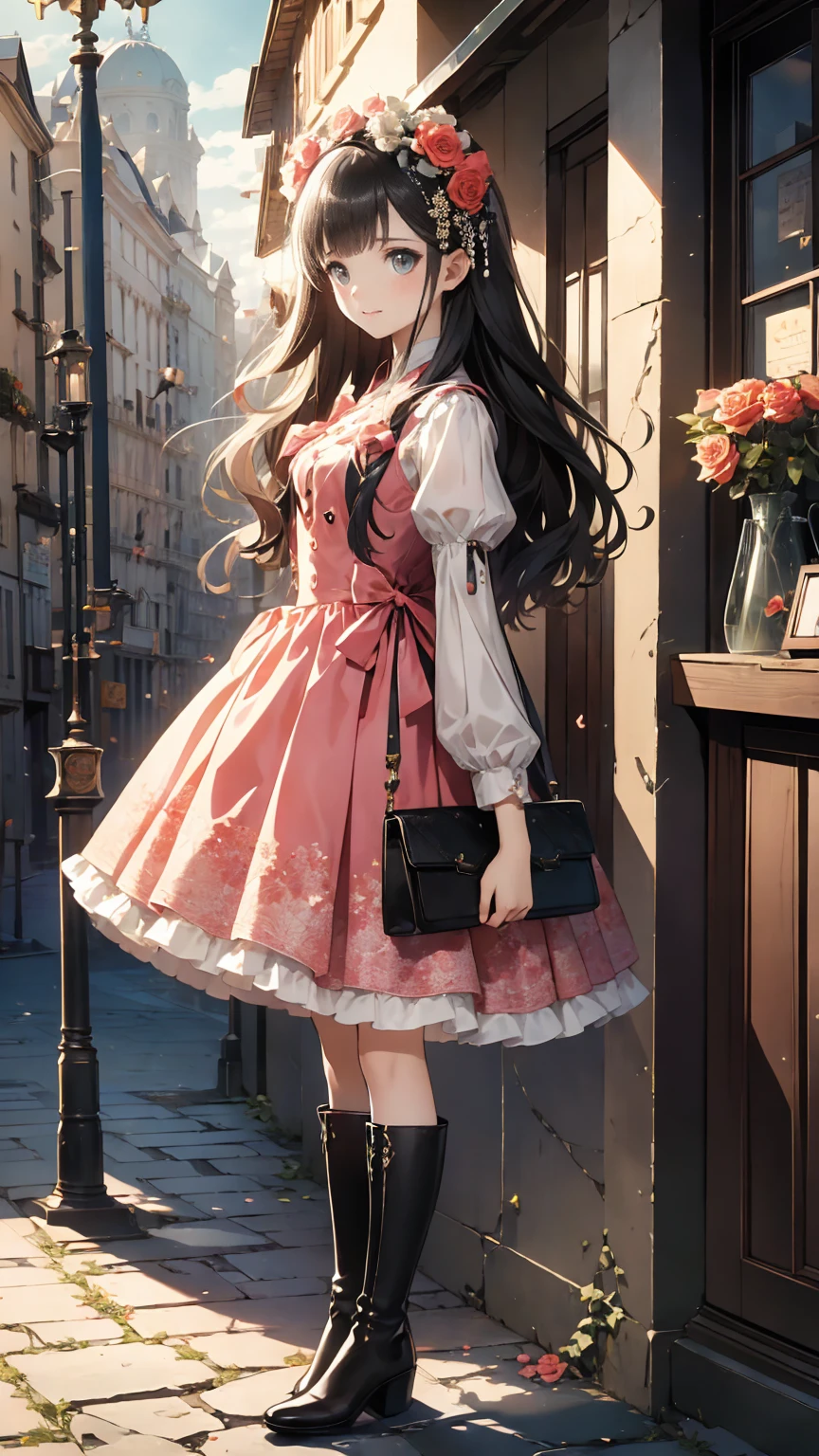 ( masterpiece : 1.2), (    very detailed: 1.2), (    very detailed CG: 1.2), (    high image quality: 1.2), (最    high image quality), 8k,    animated illustration   , 、     beautiful girl 、とても  cute天使、    pink gothic dress 、  cute、、smile、    long skirt、   Black Long Boots   、 grey pink pants  ，Turquoise Eye，  cute女性 ，street，   Candy Store   ， sign，European Buildings，Slate pavement，Rose flower，
