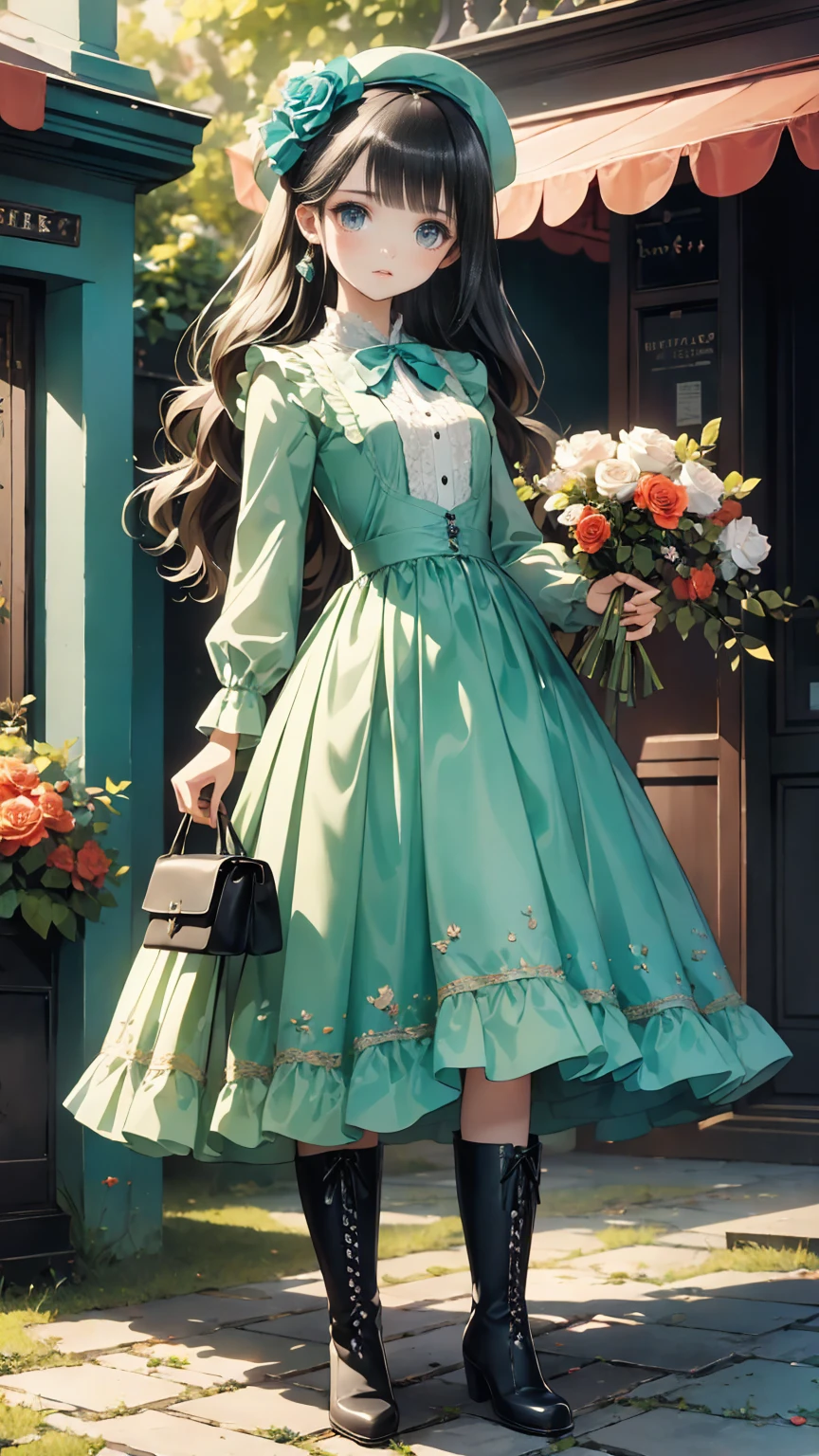 ( masterpiece : 1.2), (    very detailed: 1.2), (    very detailed CG: 1.2), (    high image quality: 1.2), (最    high image quality), 8k,    animated illustration   , 、     beautiful girl 、とても  cute天使、    pink gothic dress 、  cute、、smile、    long skirt、   Black Long Boots   、 grey pink pants  ，Turquoise Eye，  cute女性 ，street，   Candy Store   ， sign，European Buildings，Slate pavement，Rose flower，
