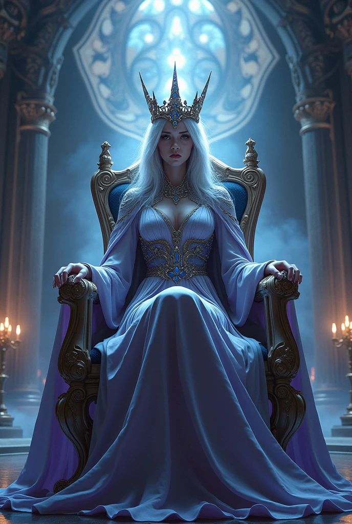 Harley Queen of cups tarot card, queen serious woman on the throne holding an antique cup, stylized in blue and gold colors, full hd, hyper realistic, the best quality