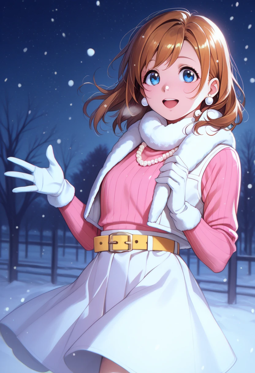 score_9, score_8_up, score_7_up, score_6_up,Shiny skin, kousaka honoka, blue eyes, beautiful, winter clothes, breathing, brown hair, night, snowing, cowboy shot,pink shirt,white open crop vest, white gloves, Pearl necklace, earrings, white skirt, yellow belt, happy,ribbon