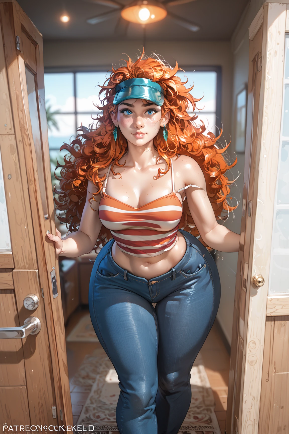 KateSDXL,1girl,solo,long hair,hat,navel,jewelry,medium breasts,very long hair,blue eyes,thighs,earrings,midriff,hips,jeans,orange hair,striped camisole,thick thighs,black pants,curvy,wide hips,visor cap,curly hair,freckless, pov doorway, 1girl, 1boy, looking at viewer, netorare
sex from behind