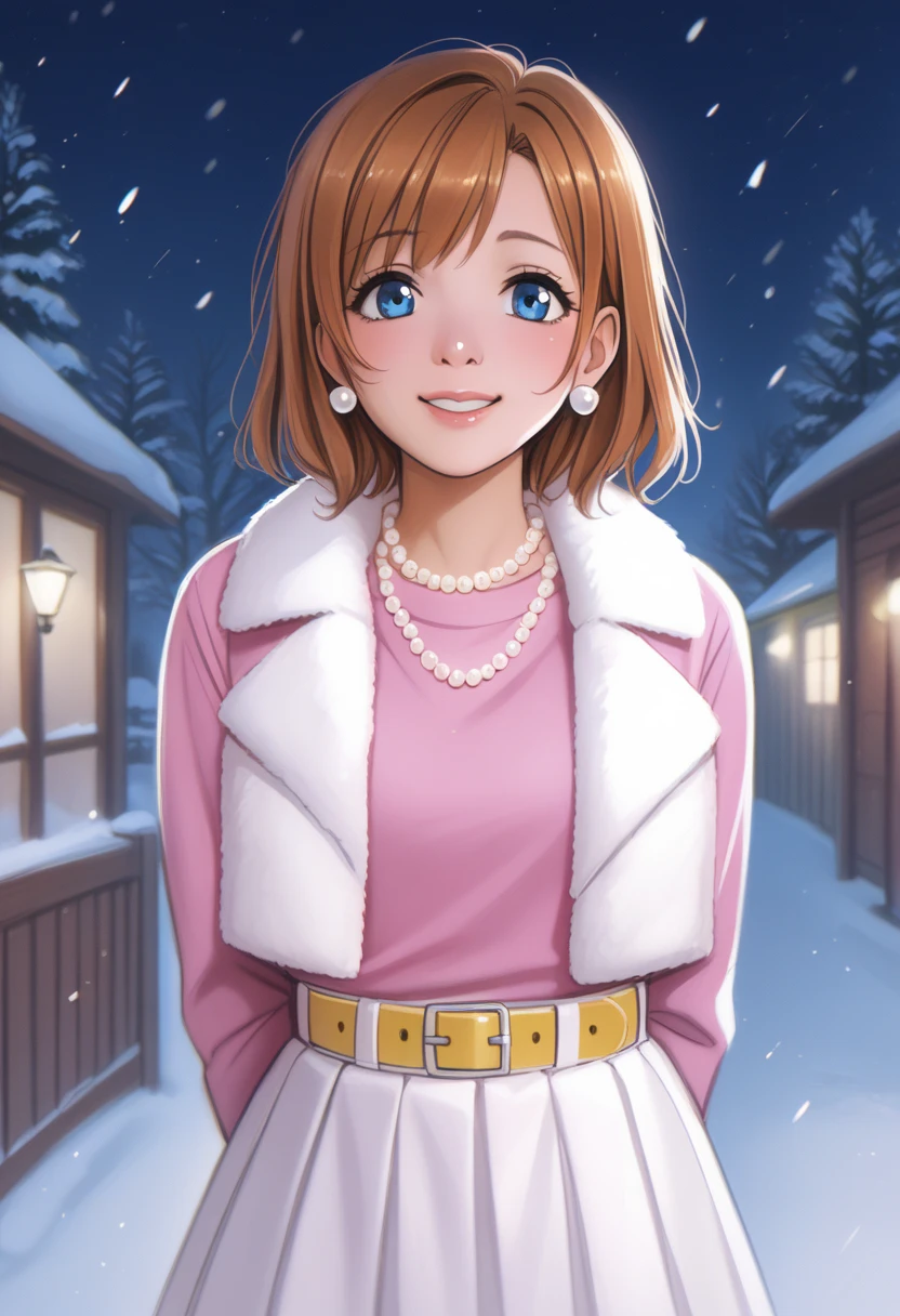 score_9, score_8_up, score_7_up, score_6_up,Shiny skin, kousaka honoka, blue eyes, beautiful, winter clothes, breathing, brown hair, night, snowing, cowboy shot,pink shirt,white open crop vest, arms behind back, Pearl necklace, earrings, white skirt, yellow belt, happy,ribbon,p4l0m4