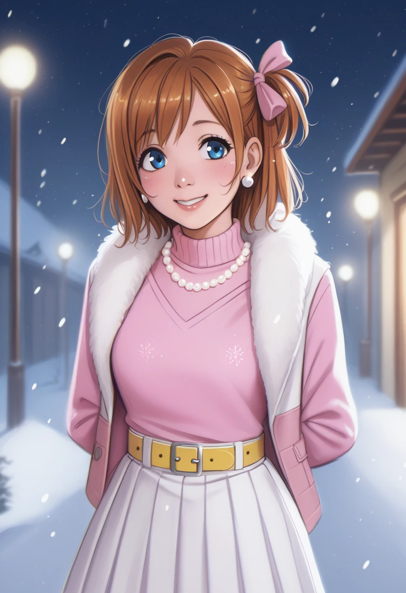 score_9, score_8_up, score_7_up, score_6_up,Shiny skin, kousaka honoka, blue eyes, beautiful, winter clothes, breathing, brown hair, night, snowing, cowboy shot,pink shirt,white open crop vest, arms behind back, Pearl necklace, earrings, white skirt, yellow belt, happy,hair ribbon,p4l0m4