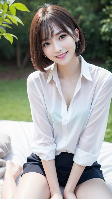 (((top-quality、8K、​masterpiece：1.3)))、Crisp focus：1.2、Beautiful Women in Perfect Style：1.4、Slender Abs：1.2、((Dark brown bob cut、Colossal tits:0.8))、Smiling smile、(White button-up long shirt:1.1)、Summer Park、Highly detailed facial and skin texture:1.4、A detailed eye、二重まぶた、Thin gold necklace、Ekbo