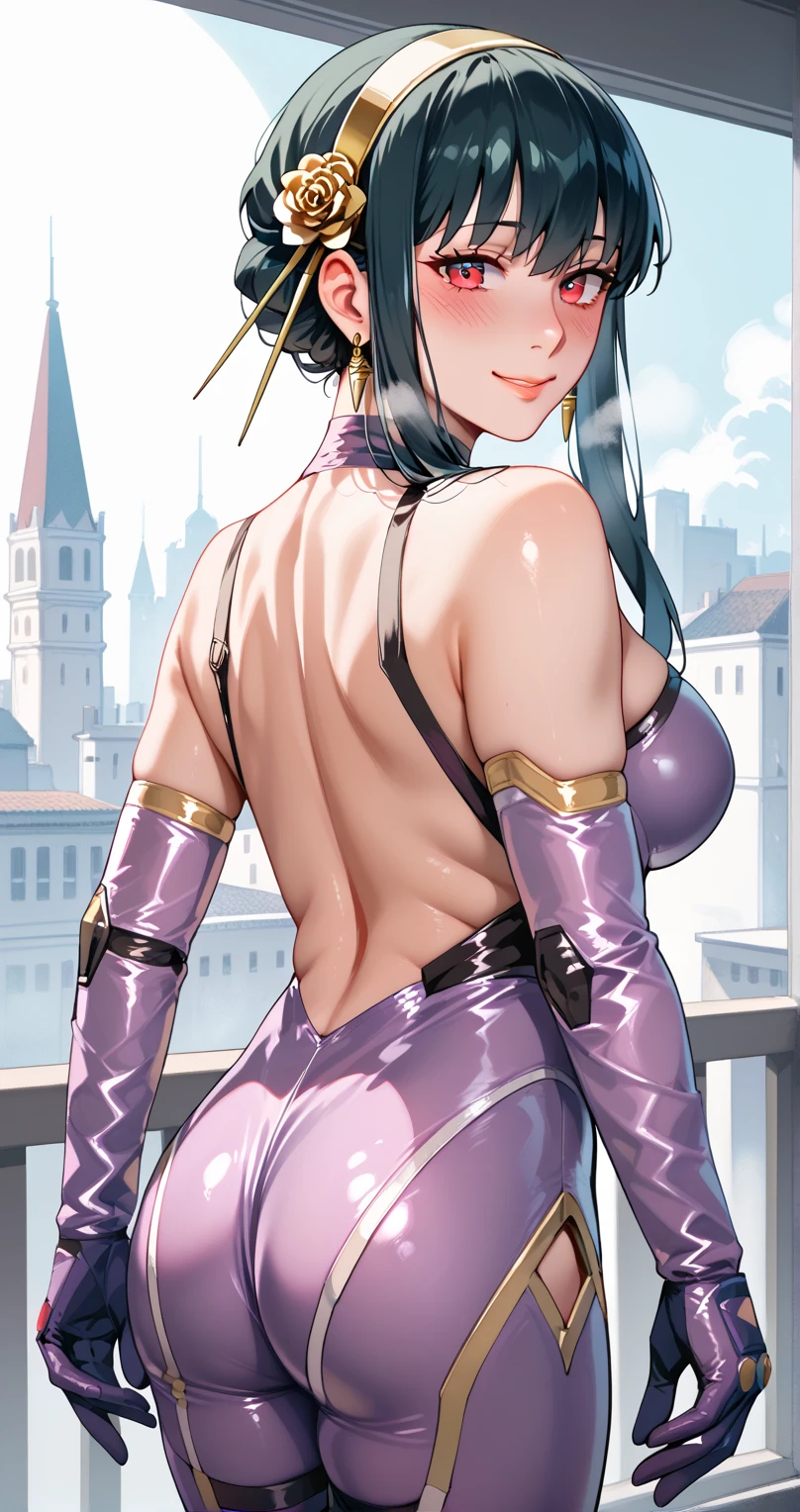  Yor Briar,  1 girl, Alone, , chest, smile, large chest, seductive smile,  watching viewers, Shining Eyes, Heavy breathing,  yandere ,   knight ,  Obsessed Gaze , Luani 0936 , Thai suit  ,Bare shoulders, Purple Bodysuit, elbow gloves,  Standing on a Building ,   knight ,  cyberpunk,  from behind , moon, whole body,  sensual poses 　 front