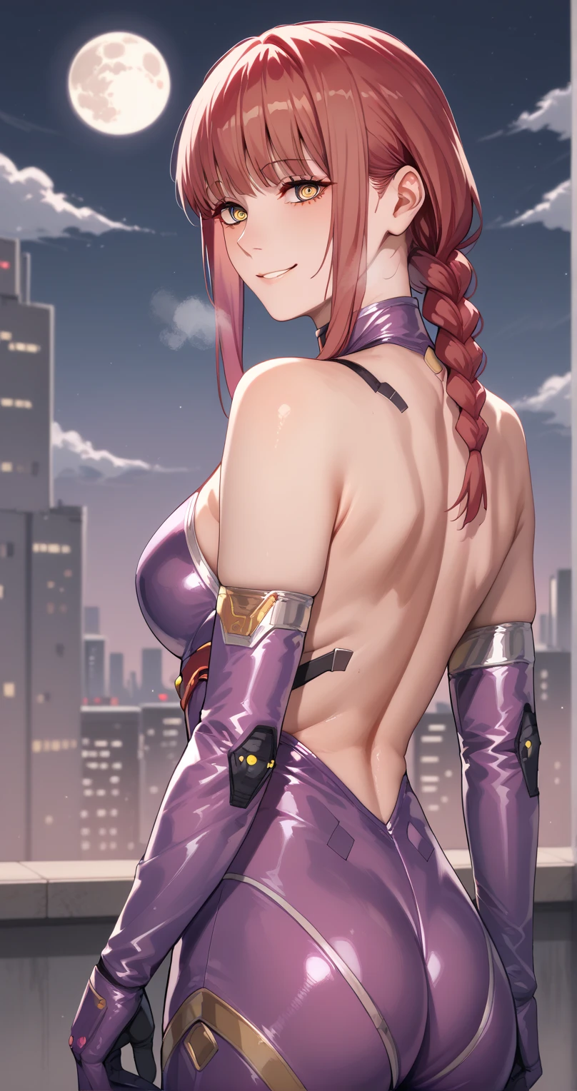  Makima,  1 girl, Alone,  long hair, chest, smile, bangs, large chest, yellow eyes,  braided , side lock, Red Hair,  braided ed ponytail,  puffy eyes, seductive smile,  watching viewers, Shining Eyes, Heavy breathing,  yandere ,   knight ,  Obsessed Gaze , Luani 0936 , Thai suit  ,Bare shoulders, Purple Bodysuit, elbow gloves,  Standing on a Building ,   knight ,  cyberpunk,  from behind , moon, whole body,  sensual poses  