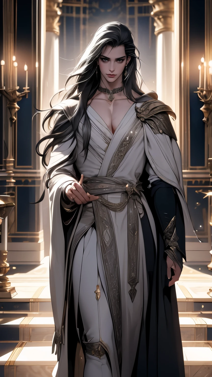 in bad shape，solo，8k,best qualtiy,Masterpiece, Shoulder blades，Handsome face，Detailed pubic hair，dynamic angle，palace of versailles，Adonis，magnificent robe，choker necklace，Long silver-black hair，god light，