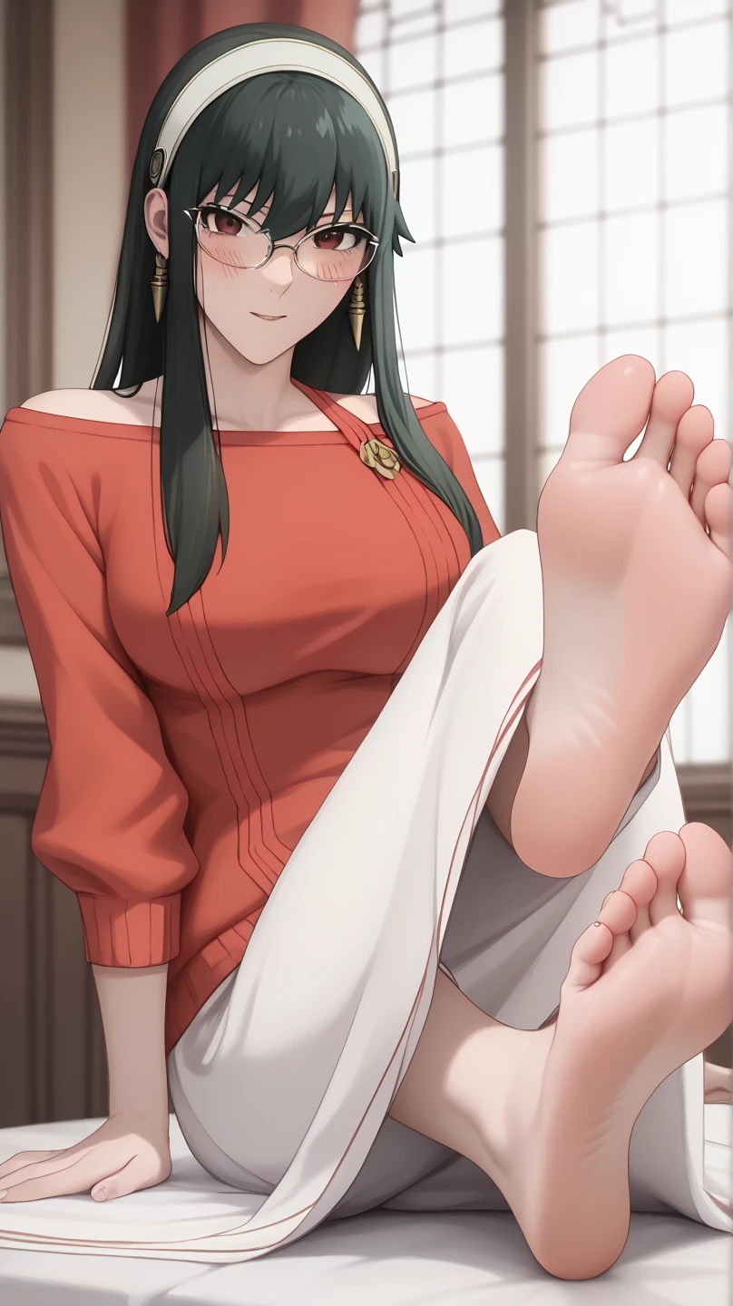 ((((Yoru Forger)))), Foot Enlarged Poses、(((Sitting pose showing the sole of the foot))), , (breasts,  8k, Stunning foot soles, Very detailed,  realistic, ,  beautiful,  animation ,  Sharp Focus,   award , masterpiece,  like a movie , dynamic,  like a movie  lighting, Breathtaking, 、Show me the soles of my feet and stand on all fours、Glasses、Big breasts、 long skirt、Estrus