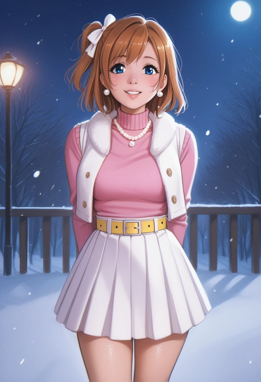 score_9, score_8_up, score_7_up, score_6_up,Shiny skin, kousaka honoka, blue eyes, beautiful, winter clothes, breathing, brown hair, night, snowing, cowboy shot,pink shirt,white open crop vest, arms behind back, Pearl necklace, earrings, white skirt, yellow belt, happy,hair ribbon,p4l0m4, pov, breasts,thighs,web comic,hentai, thighs