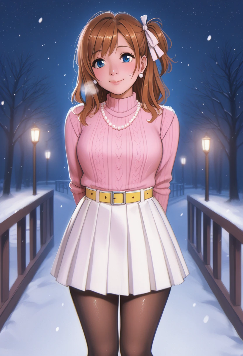 score_9, score_8_up, score_7_up, score_6_up,Shiny skin, kousaka honoka, blue eyes, beautiful, winter clothes, breathing, brown hair, night, snowing, cowboy shot,pink shirt,white open crop vest, arms behind back, Pearl necklace, earrings, white skirt, yellow belt, happy,hair ribbon,p4l0m4, pov, breasts,thighs,web comic,hentai, thighs, closed mouth, pantyhose