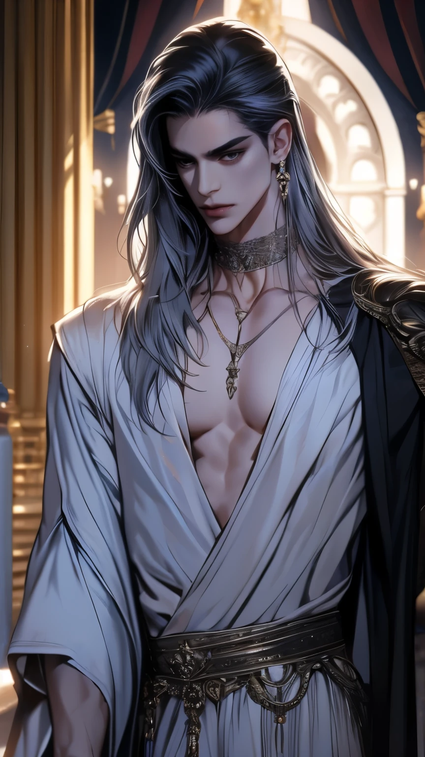 in bad shape,solo,8k,best qualtiy,Masterpiece, Shoulder blades,Handsome face,Detailed pubic hair,dynamic angle,palace of versailles,Adonis,magnificent robe,choker necklace,Long silver-black hair,god light,
