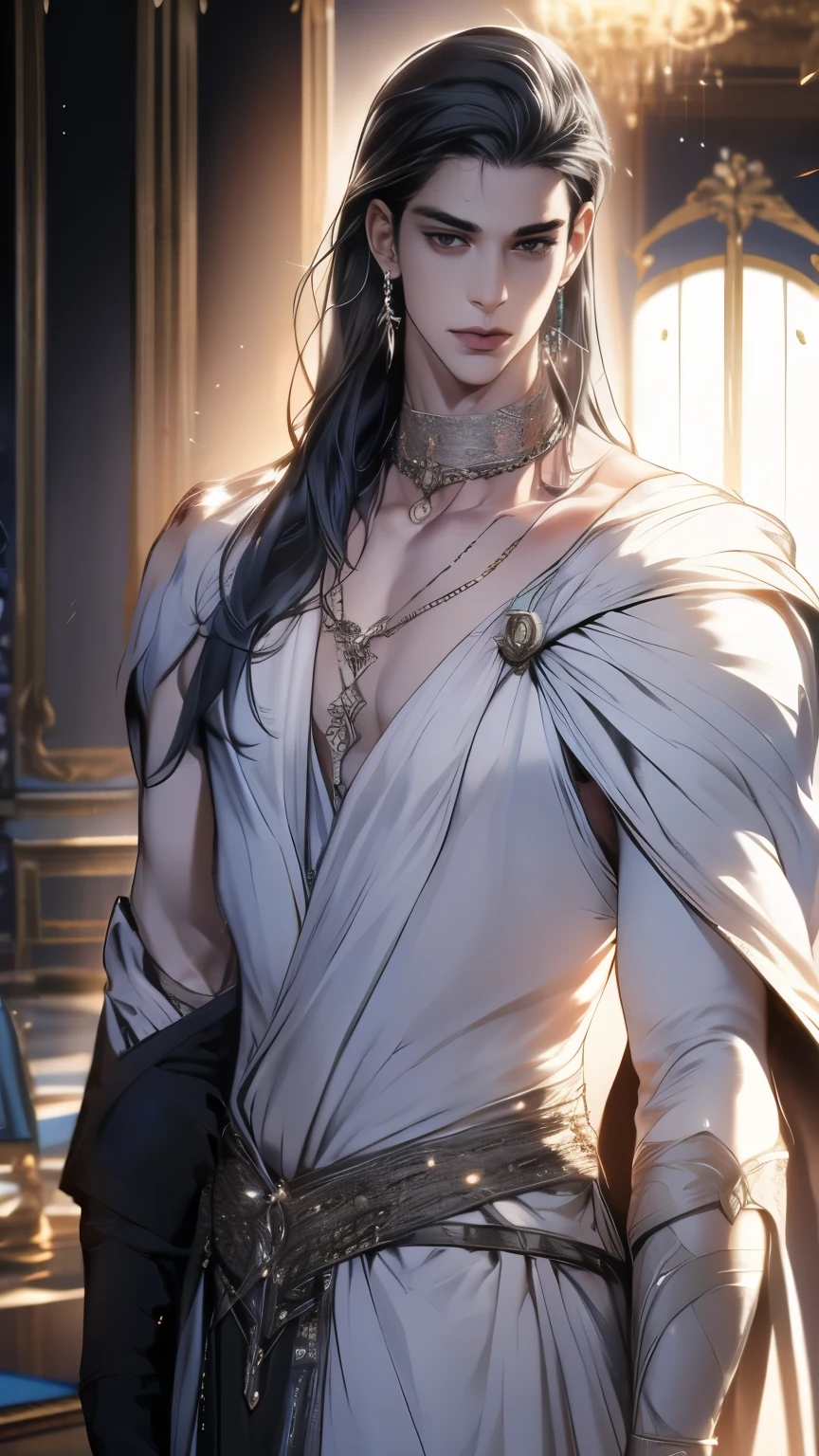 in bad shape，solo，8k,best qualtiy,Masterpiece, Shoulder blades，Handsome face，Detailed pubic hair，dynamic angle，palace of versailles，Adonis，magnificent robe，choker necklace，Long silver-black hair，god light，