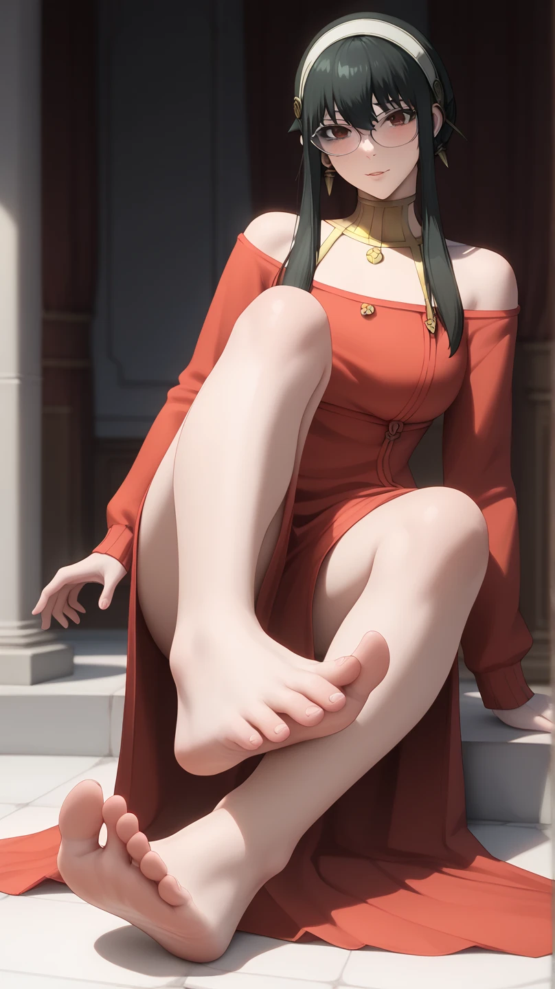 ((((Yoru Forger)))), Foot Enlarged Poses、(((Sitting pose showing the sole of the foot))), , (breasts,  8k, Stunning foot soles, Very detailed,  realistic, ,  beautiful,  animation ,  Sharp Focus,   award , masterpiece,  like a movie , dynamic,  like a movie  lighting, Breathtaking, 、Show me the soles of my feet and stand on all fours、Glasses、Big breasts、 long skirt、Estrus