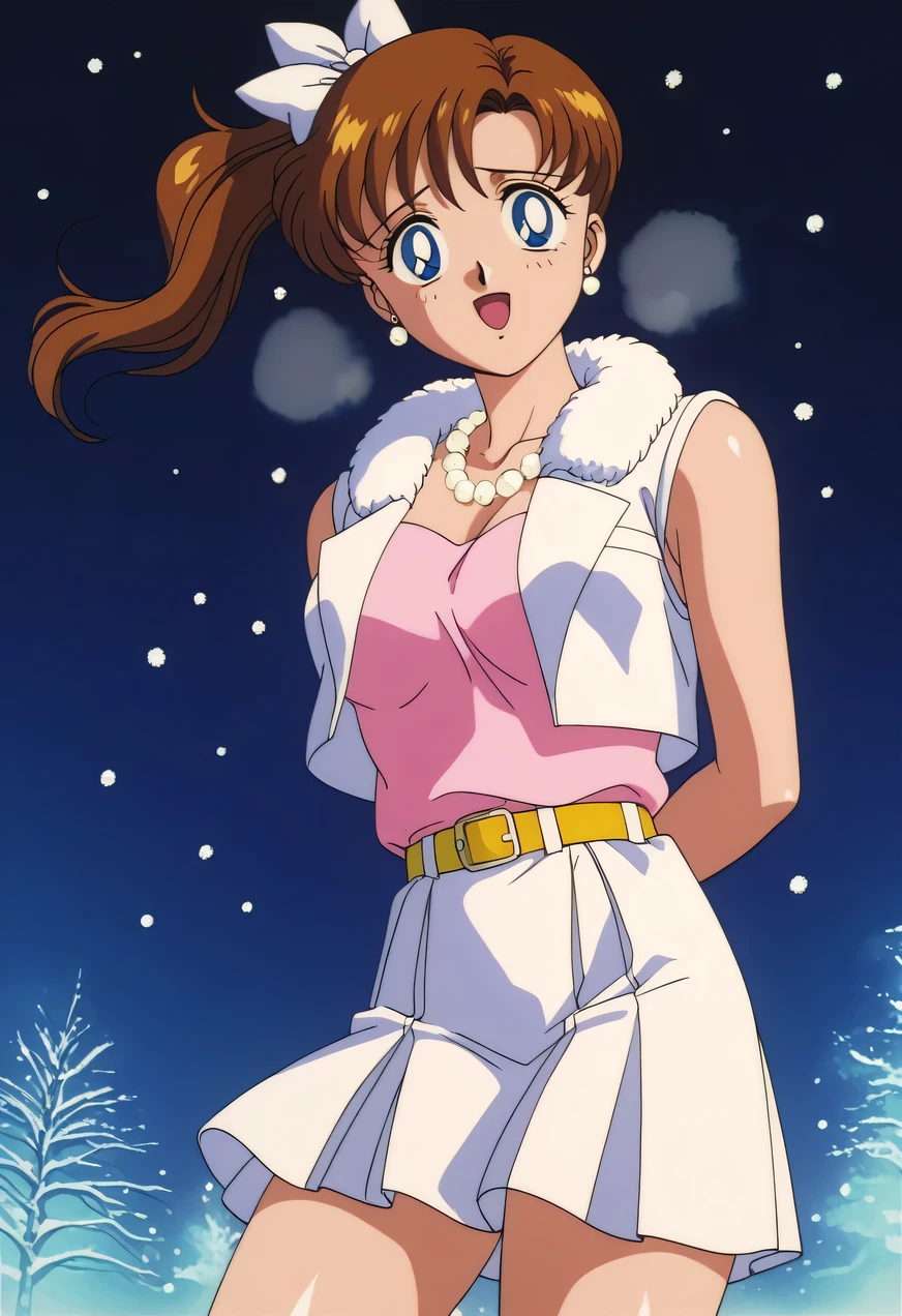 score_9, score_8_up, score_7_up, score_6_up,Shiny skin, kousaka honoka, blue eyes, beautiful, winter clothes, breathing, brown hair, night, snowing, cowboy shot,pink shirt,white open crop vest, arms behind back, Pearl necklace, earrings, white skirt, yellow belt, happy,hair ribbon,s41l0rm00n, retro artstyle, breasts,thighs,web comic,hentai, thighs, anime, retro, ghost in the shell