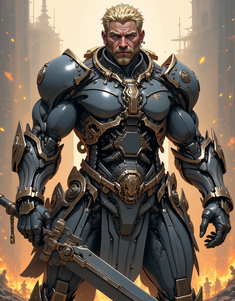 A 50-something male with golden hair with very light platinum highlights, very short on the sides but long on top like a bob. Striking purple eyes and a bold, manly smirk with his lips. He is dressed in a dark grey power armor adorned with gold accents and intricate detailing. The armor covers his entire torso, arms, and shoulders, featuring large, ornate shoulder pads and a detailed breastplate. The armor has a heavy, metallic carbon fiber quality to it. He holds a very thick and large bladed sword-like firearm, ornate and chained like edge detail. The background is a very hazy but detail-revealing impressionistic scene of orange sparks and flames, suggesting a fiery or volcanic environment. The style is hyper-realistic, with high level of detail in the character's armor and face. Focus on expressing a very strong, serious, and powerful male figure. Use rich, deep colors of gray, gold, and orange. Lighting should be dramatic and highlight the textures of the armor. Emphasis on the intricate details and designs of the armor and weapon.