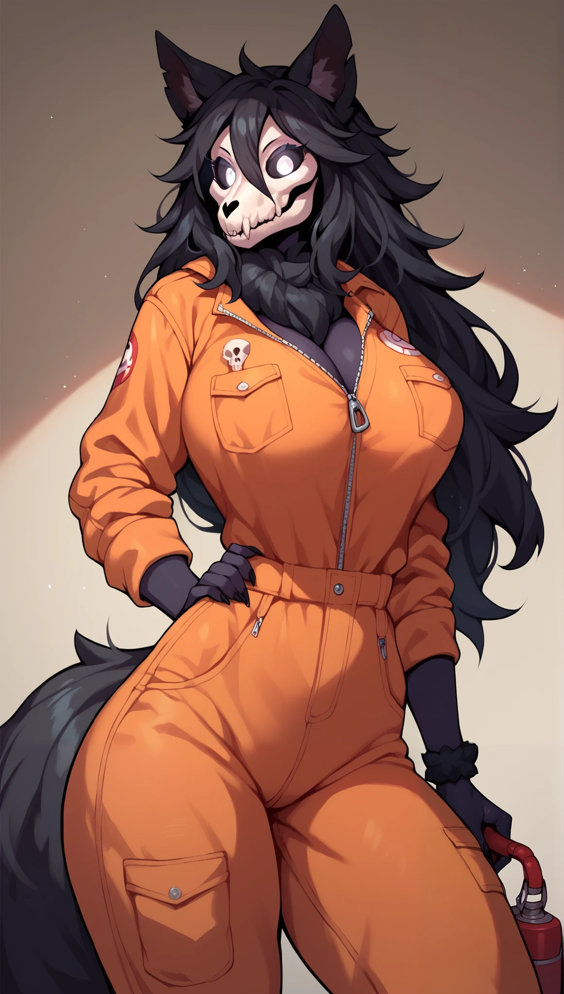 score_9, score_8_up, score_7_up, score_6_up, BREAK, MaloSCPXL,  anthropomorphic fluffy ,  fluffy female, body fur, black wool, head skull, White eyes,  glowing eyes, black sclera,  black hair,  long hair ,  Hair between eyes,  Animal ears, black tail,  Big breasts,  orange jumpsuit, One,  standing device,  looking at the viewer,  in the room 