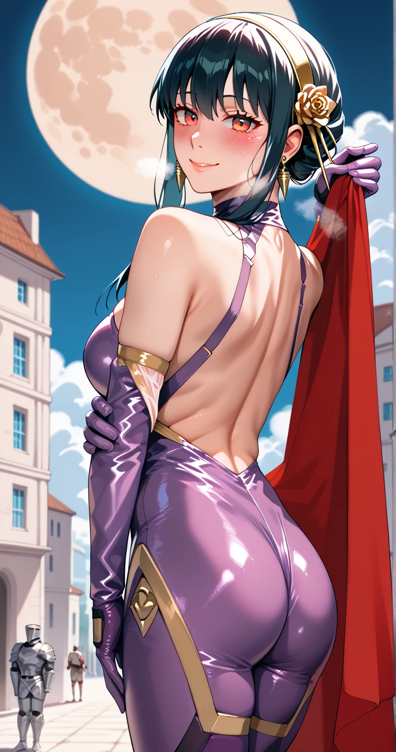  Yor Briar,  1 girl, Alone, , chest, smile, large chest, seductive smile,  watching viewers, Shining Eyes, Heavy breathing,  yandere ,   knight , Luani 0936 , Thai suit  ,Bare shoulders, Purple Bodysuit, elbow gloves,  Standing on a Building ,   knight ,  cyberpunk,  from behind , moon, whole body,  sensual poses 　 front