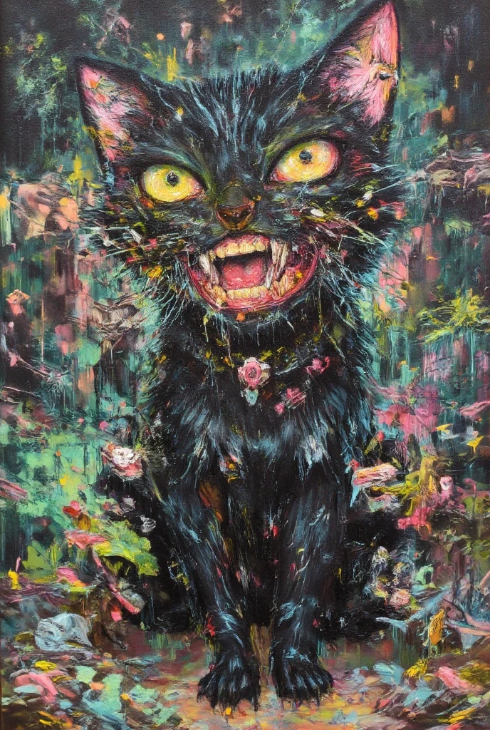 Create A neo- expressionist style painting of a highly stylized, cartoonish black cat with overexaggerated features and facial expression. The overall image has a thick, textured brushstroke style.