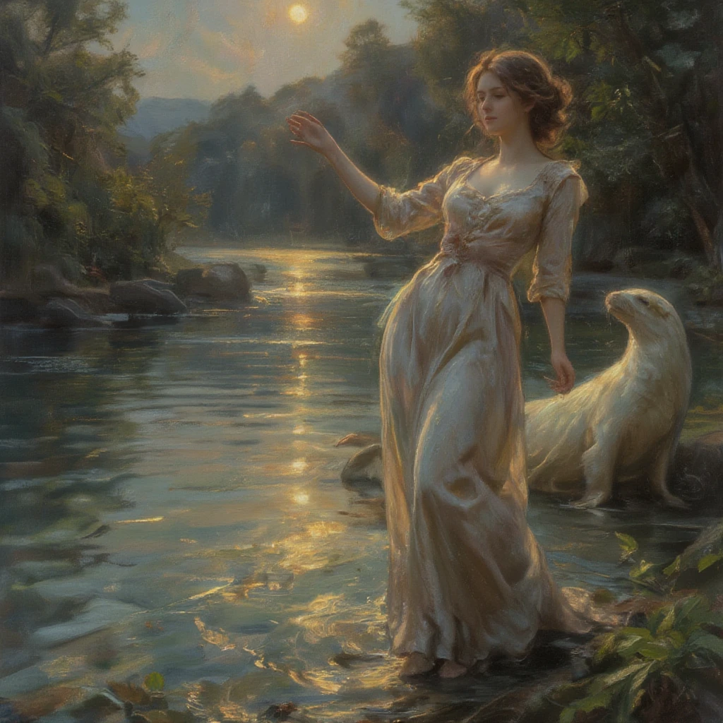 A beautiful oil painting in the Pre-Raphaelite style, capturing the Sabian Symbol for Aries 1 degree: "A woman rising from the sea, embraced by a white seal." The scene is set on a tranquil, lush shoreline, with the woman standing as she emerges from the shimmering water. Her modest dress, now wet and clinging to her body, creates a sense of delicate vulnerability and ethereal beauty. The fabric of the dress is intricately detailed, with visible folds and textures that emphasize its wetness, reflecting the water's sheen and adding depth to the composition. The seal, with its smooth white fur, gently rises beside her, its embrace tender and protective. The natural background is full of life, with detailed foliage, soft sunlight filtering through the atmosphere, and the rippling water surrounding them. The colors should be rich and vivid, with deep blues for the sea, lush greens for the plants, and warm golden tones for the sunlight. The brushwork should be highly detailed and precise, capturing the intricate textures of the wet dress, the softness of the seal’s fur, and the serene beauty of the moment. This scene should evoke purity, renewal, and the sacred connection between the woman and the seal, all rendered in the meticulous, lifelike style typical of the Pre-Raphaelite movement.