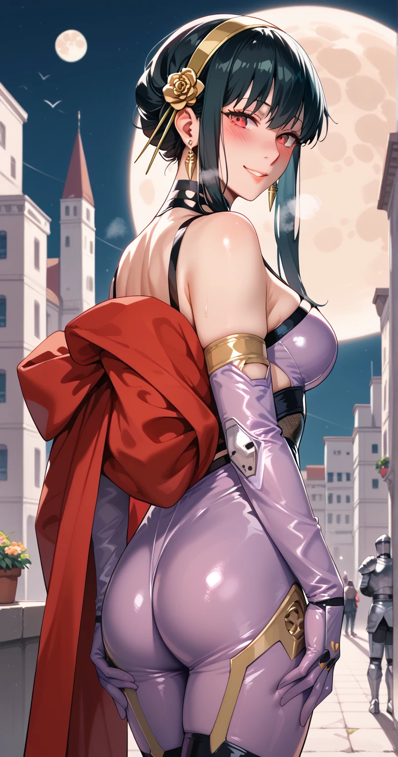  Yor Briar,  1 girl, Alone, , chest, smile, large chest, seductive smile,  watching viewers, Shining Eyes, Heavy breathing,  yandere ,   knight , Luani 0936 , Thai suit  ,Bare shoulders, Purple Bodysuit, elbow gloves,  Standing on a Building ,   knight ,  cyberpunk,  from behind , moon, whole body, 　 front