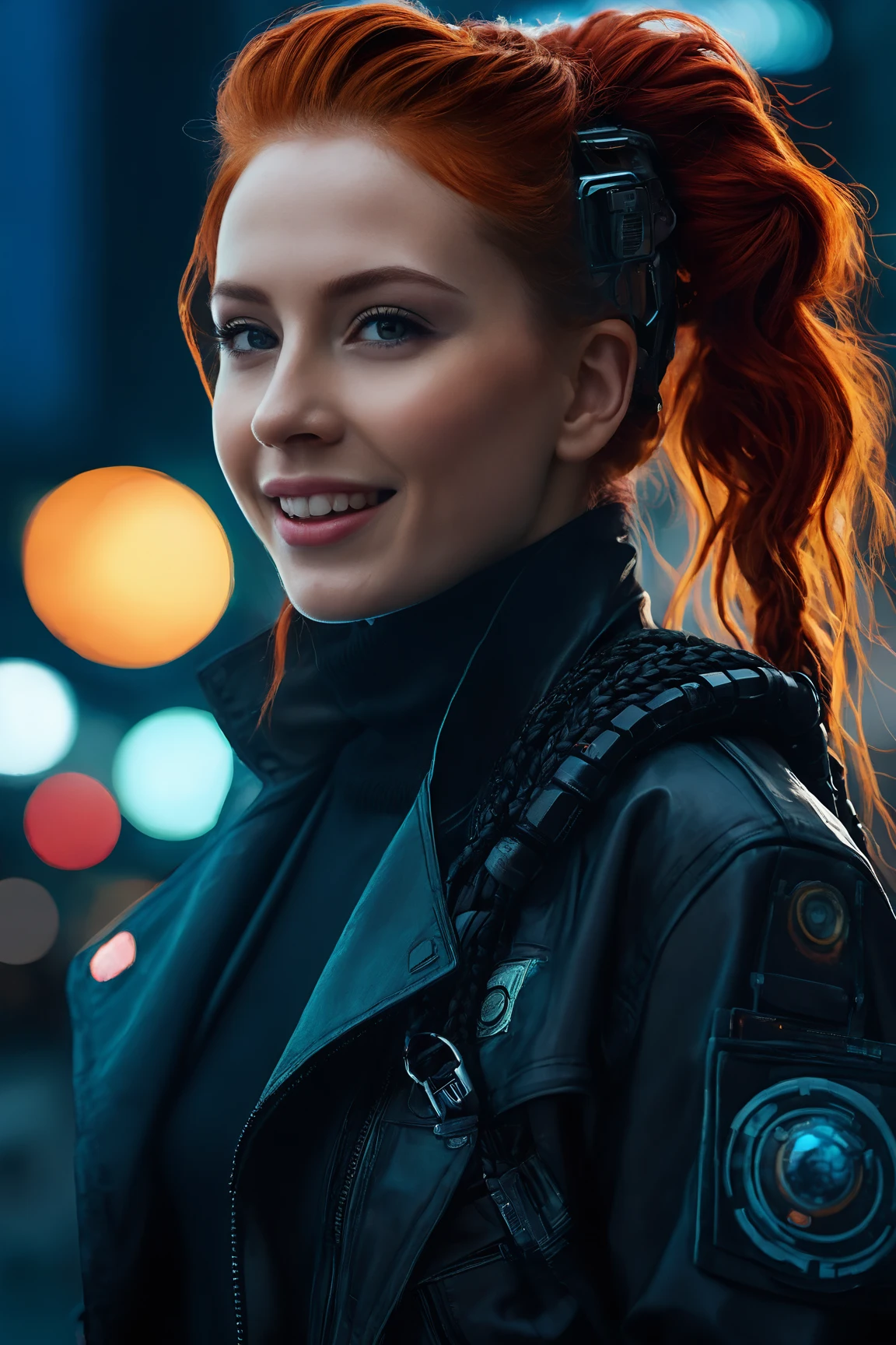 in the style of cksc, fantasy aesthetic. , digital artwork of a futuristic, natural colors, , epic. luminescence, ultra realistic, hyper detailed, soft lighting , epic scale. (detailed digital painting, detailed oil painting). redhead woman, portrait of a female anarchist with cyberpunk elements. long dark hair, braided. art. she is happy and laughing and waving a big black flag in front of a dark background, bokeh, cinemascope, epic, gorgeous, film grain. masterpiece, best quality, medium-format camera, high-contrast, dramatic lighting, striking composition, The background is minimalist, a gradient of shadowy blue tones, amplifying the ethereal and futuristic ambiance of the scene. The overall composition feels cinematic, blending high fashion with a science fiction aesthetic.