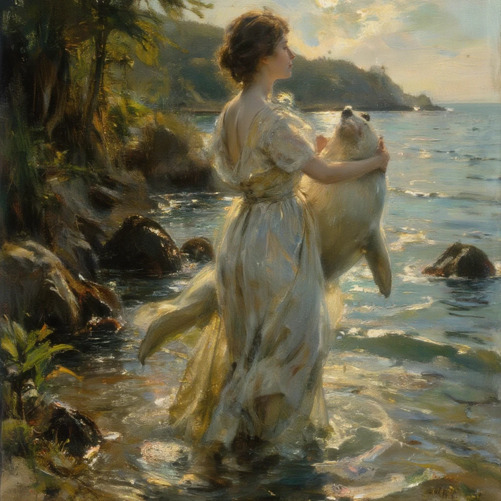 A beautiful oil painting in the Pre-Raphaelite style, capturing the Sabian Symbol for Aries 1 degree: "A woman rising from the sea, embraced by a white seal." The scene is set on a tranquil, lush shoreline, with the woman standing as she emerges from the shimmering water. Her modest dress, now wet and clinging to her body, creates a sense of delicate vulnerability and ethereal beauty. The fabric of the dress is intricately detailed, with visible folds and textures that emphasize its wetness, reflecting the water's sheen and adding depth to the composition. The seal, with its smooth white fur, gently rises beside her, its embrace tender and protective. The natural background is full of life, with detailed foliage, soft sunlight filtering through the atmosphere, and the rippling water surrounding them. The colors should be rich and vivid, with deep blues for the sea, lush greens for the plants, and warm golden tones for the sunlight. The brushwork should be highly detailed and precise, capturing the intricate textures of the wet dress, the softness of the seal’s fur, and the serene beauty of the moment. This scene should evoke purity, renewal, and the sacred connection between the woman and the seal, all rendered in the meticulous, lifelike style typical of the Pre-Raphaelite movement.