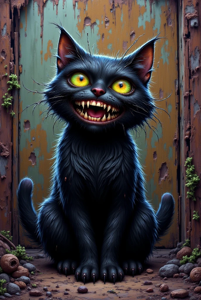 Create A neo- expressionist style painting of a highly stylized, cartoonish black cat with overexaggerated features and facial expression. The overall image has a thick, textured brushstroke style.