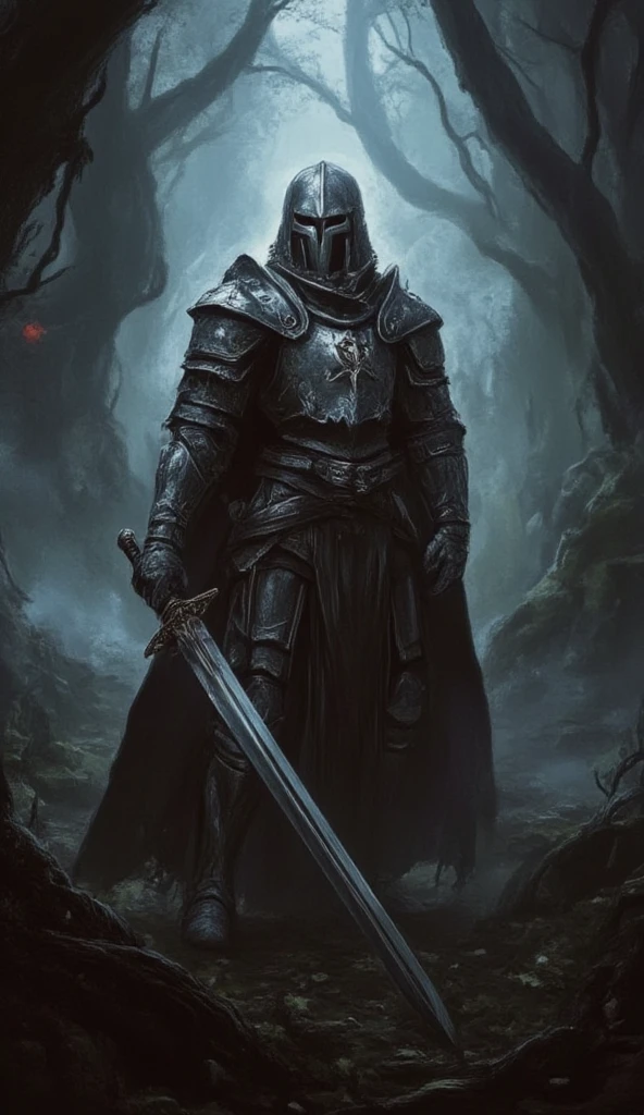 A men warrior in medieval knight armor, holding a longsword, standing in a misty Black Forest.