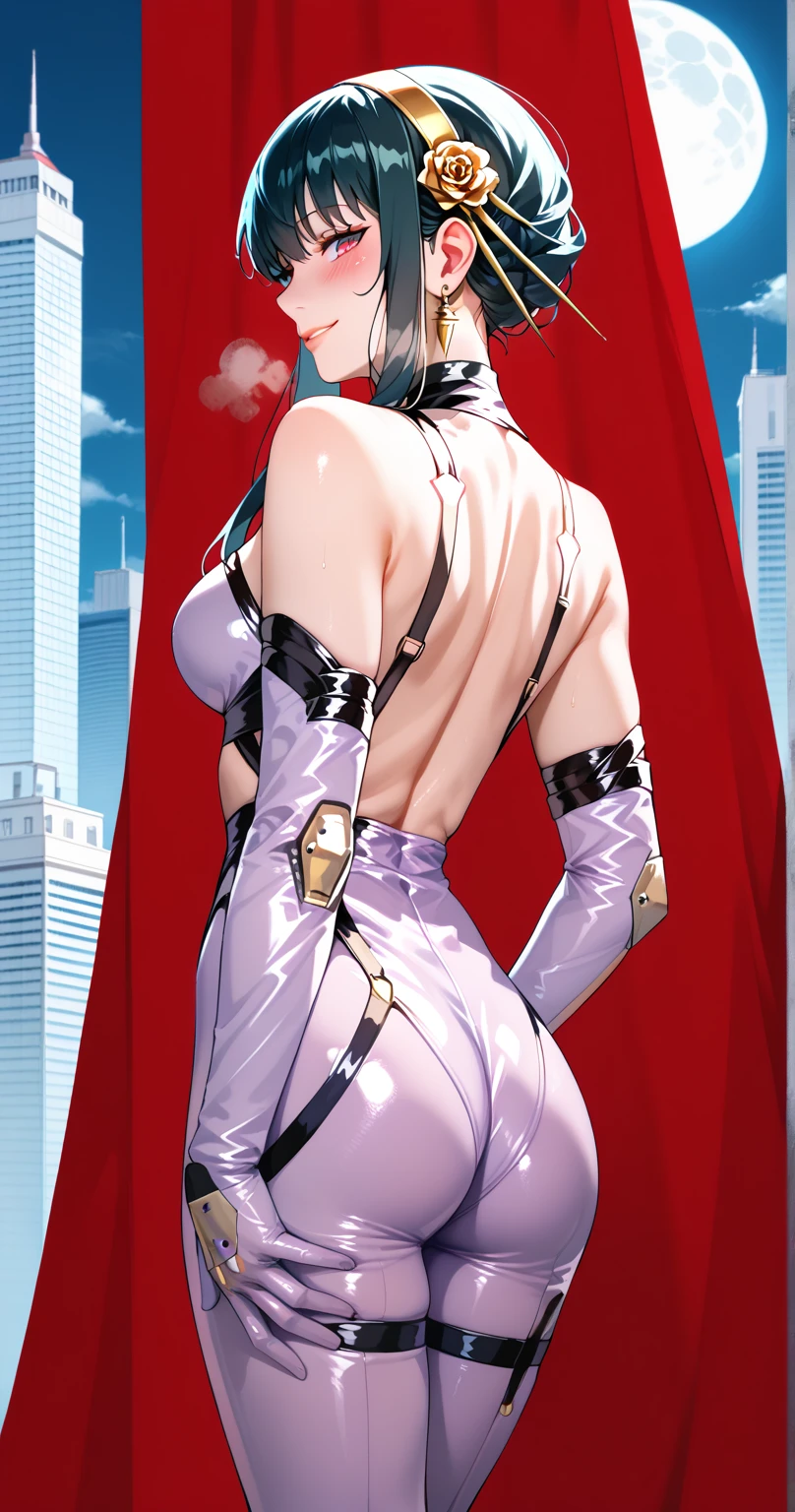  Yor Briar,  1 girl, Alone, , chest, smile, large chest, seductive smile, , Shining Eyes, Heavy breathing,  yandere ,   knight , Luani 0936 , Thai suit  ,Bare shoulders, Purple Bodysuit, elbow gloves,  Standing on a Building ,   knight ,  cyberpunk,  from behind , moon, whole body,   facing the front