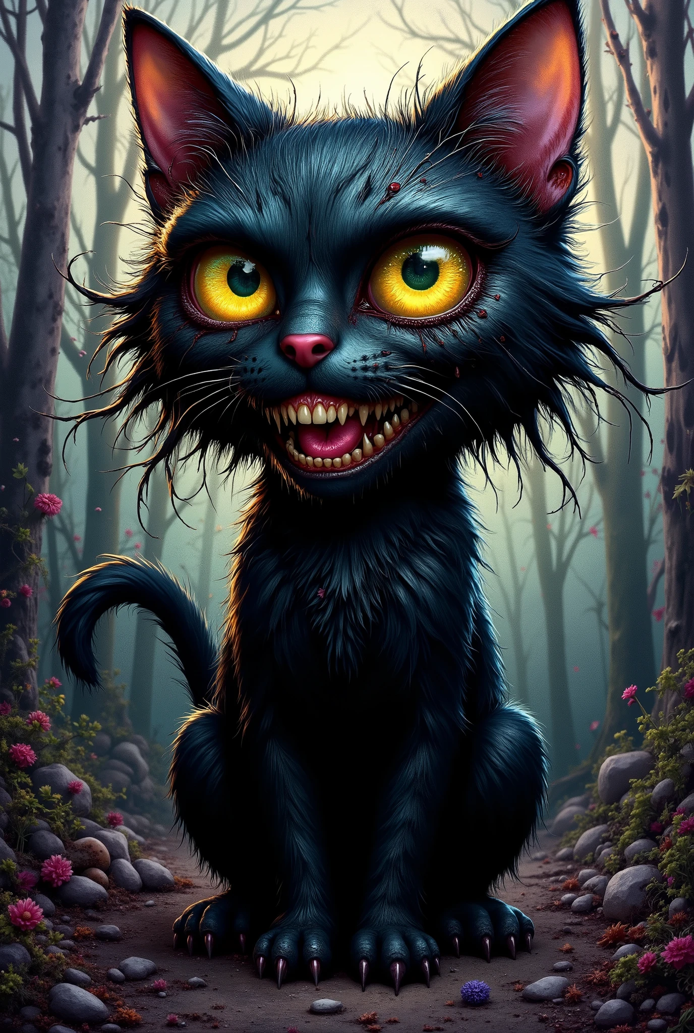 Create A neo- expressionist style painting of a highly stylized, cartoonish black cat with overexaggerated features and facial expression. The overall image has a thick, textured brushstroke style.