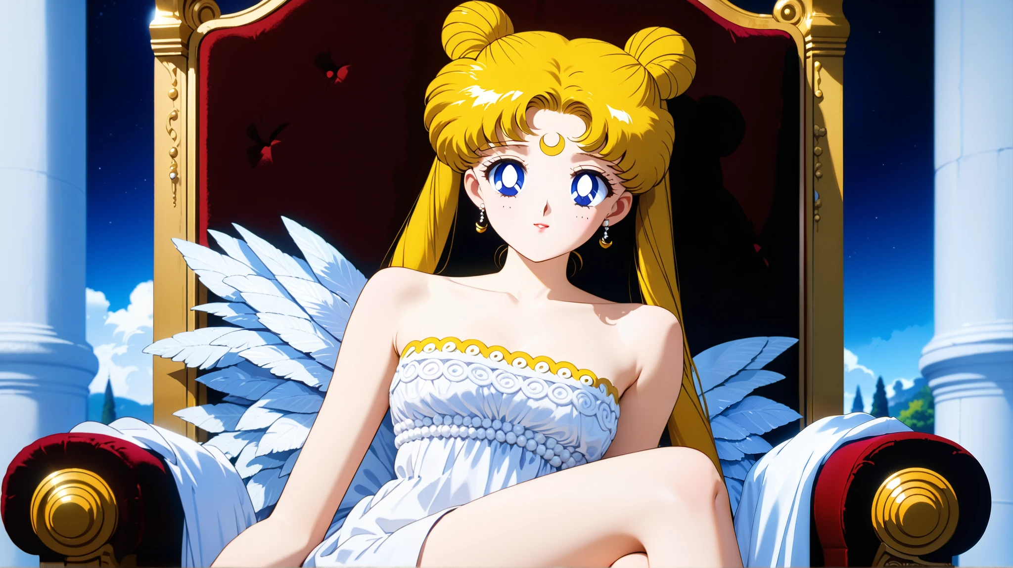 ((Upper body center)) (masterpiece, best quality, very aesthetic , ultra detailed), intriguing details , 4K, aausagi, blonde hair, double bun, twintails, small breasts, blue eyes, red nails, Best quality, masterpiece, High Definition, chateau indoors, detailed background, intricate details, day, ((white dress)), bare shoulders, Высокое разрешение, throne, sitting, crossed legs,mamoru chiba, tuxedo outfit, sits on lap