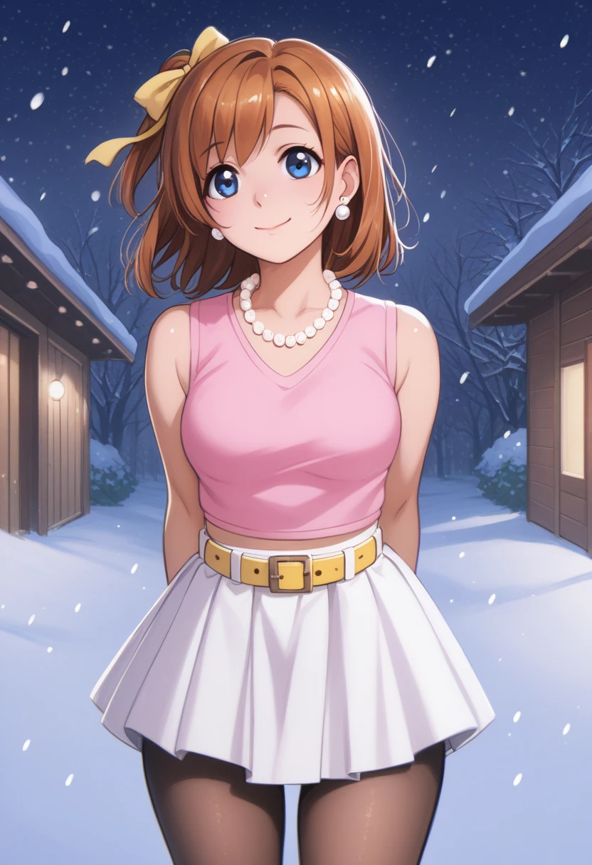 , kousaka honoka, blue eyes, beautiful, winter clothes, brown hair, night, snowing, cowboy shot,pink shirt,white open crop vest, arms behind back, Pearl necklace, earrings, white skirt, yellow belt, happy,hair ribbon,p4l0m4, pov, breasts,thighs,web comic,hentai, thighs, closed mouth, pantyhose