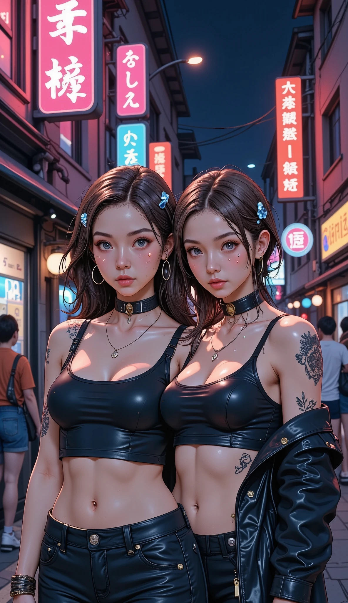 Background change,   handsome cyberpunk boyfriend and girlfriend ,((8K)),   realistic face , Leather clothing, various colors, Ornaments and tattoos  ,   modern hairstyles and shiny hair  ,   runner with cyberpunk businesses  , Dark,  por la noche,  neon lights, iluminar a los novioscon  neon lights. 