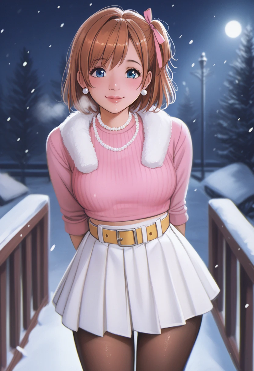 score_9, score_8_up, score_7_up, score_6_up,Shiny skin, kousaka honoka, blue eyes, beautiful, winter clothes, breathing, brown hair, night, snowing, cowboy shot,pink shirt,white open crop vest, arms behind back, Pearl necklace, earrings, white skirt, yellow belt, happy,hair ribbon,p4l0m4, pov, breasts,thighs,web comic,hentai, thighs, closed mouth, pantyhose