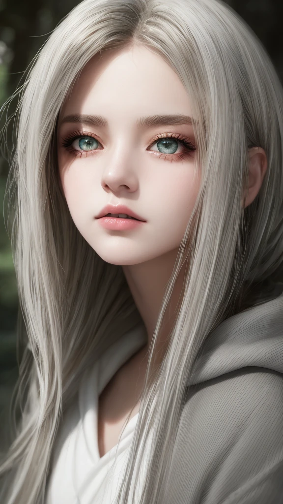 a beautiful girl on sidewalk, plain hoodie, medium spiralcurl hair and light white, gradient eyes, melancholy expression, white eyes, brilliance, portrait, game original painting, anime character, concept design, beautiful face, sacred, highly detailed, gorgeous sacred girl, beautiful light, the best quality, 8k quality