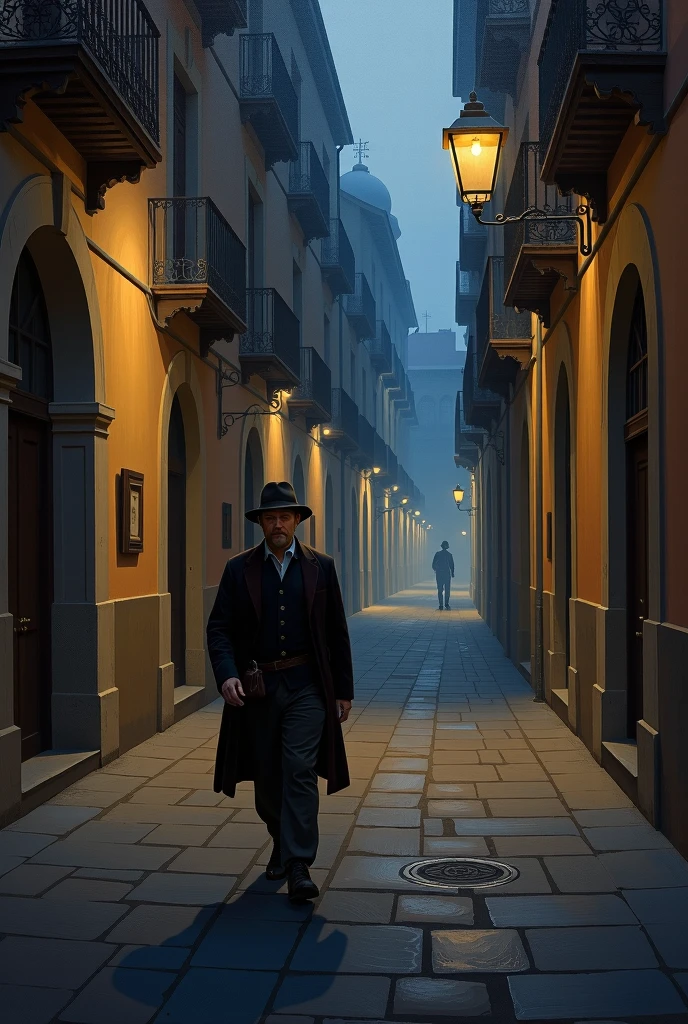 impressionist-style oil painting of a medieval gentleman walking at night on a dimly lit street in Seville in the 15th century