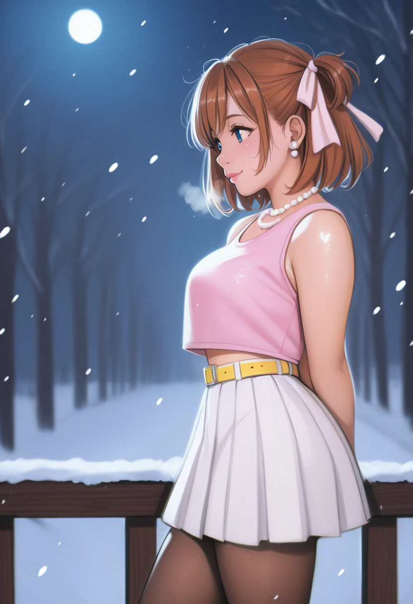 score_9, score_8_up, score_7_up, score_6_up,Shiny skin, kousaka honoka, blue eyes, beautiful, winter clothes, breathing, brown hair, night, snowing, cowboy shot,pink shirt,white open crop vest, arms behind back, Pearl necklace, earrings, white skirt, yellow belt, happy,hair ribbon,p4l0m4, breasts,thighs,web comic,hentai, thighs, closed mouth, pantyhose, from side