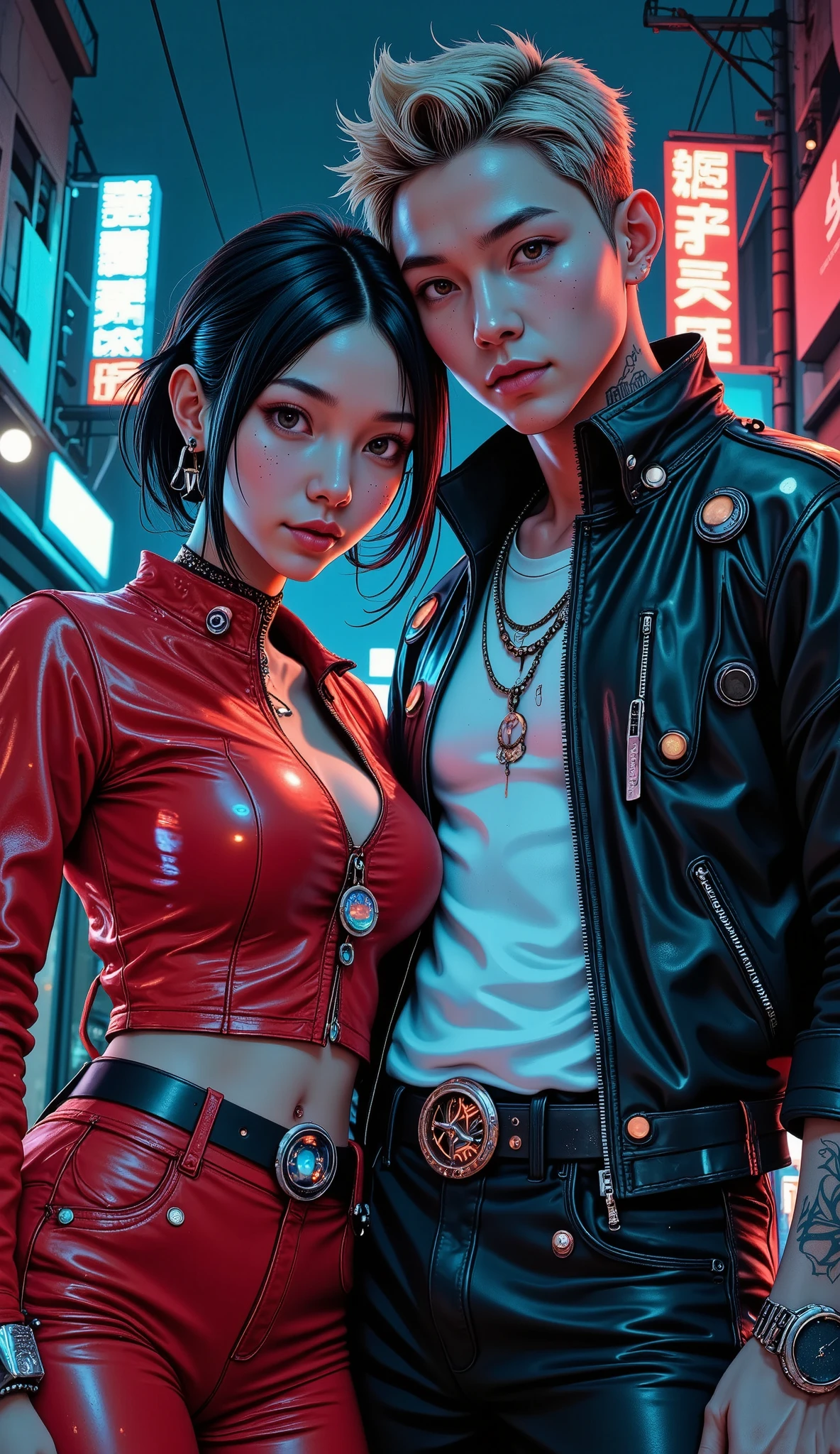 Background change,  heterosexual couple ,  handsome cyberpunk boyfriend and girlfriend ,((8K)),  realistic face , Leather clothing, various colors, Ornaments and tattoos  ,  modern hairstyles and shiny hair  ,  runner with cyberpunk businesses  , Dark, por la noche,  neon lights, iluminar a los novioscon  neon lights.